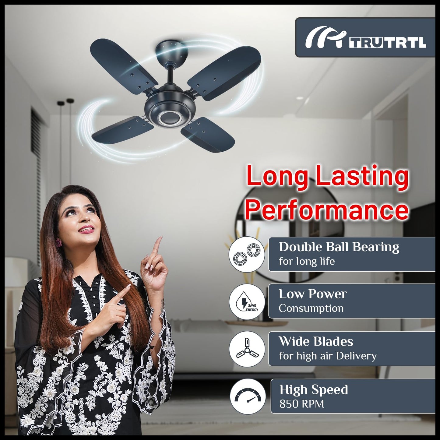 truTRTL Wave Ceiling Fan | 600 mm (24 inch) | High-Speed Ceiling Fan for Home | 2 Year Warranty | Energy Saving Ceiling Fan | Durable & Stylish | Metallic Blue