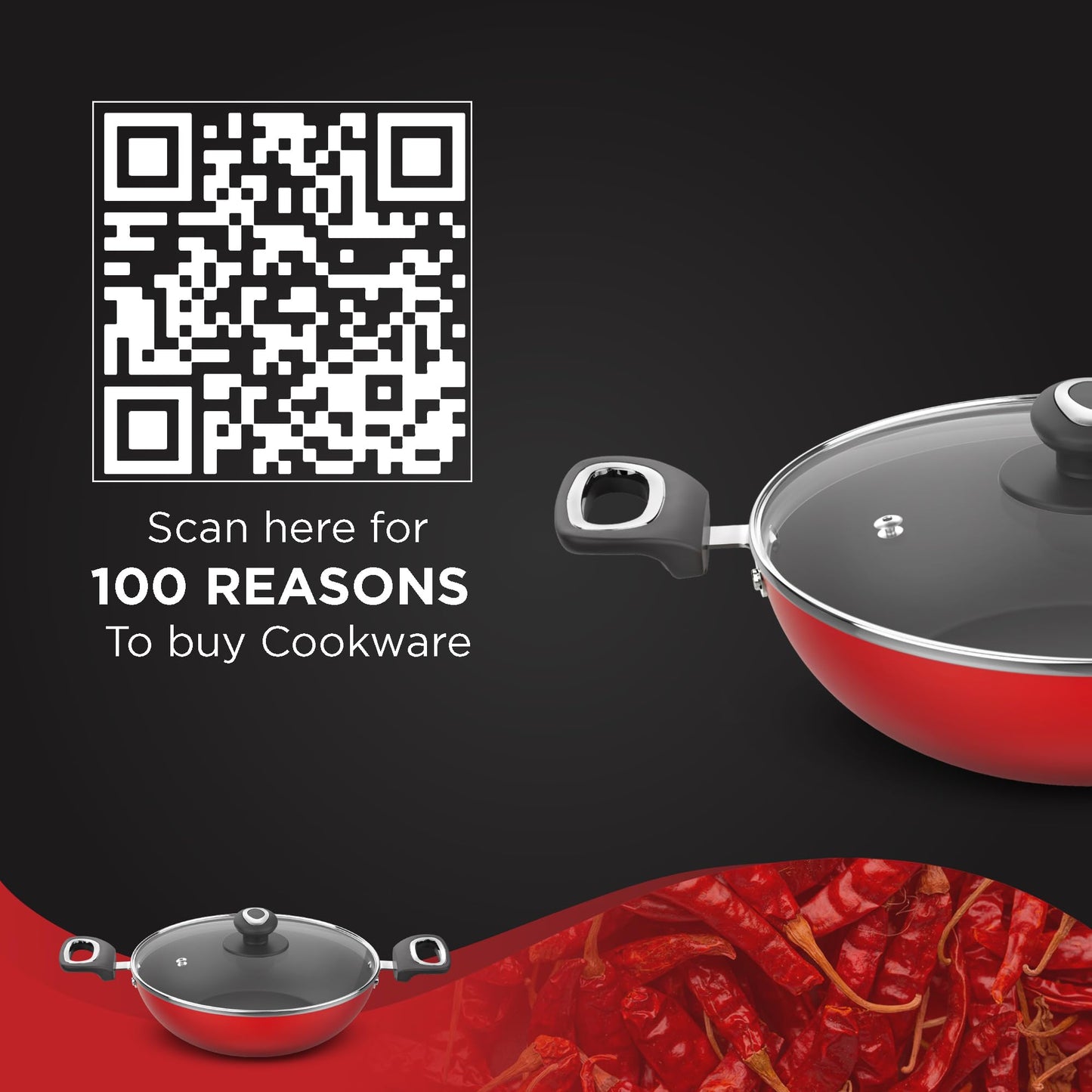 Preethi Dura Collection Non Stick Kadai, 24 cm, with Glass Lid, Gas & Induction Compatible, 5 Star Non Stick Effect, Chilly Red