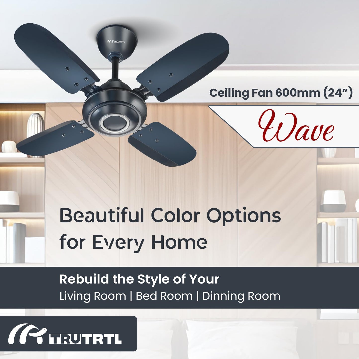 truTRTL Wave Ceiling Fan | 600 mm (24 inch) | High-Speed Ceiling Fan for Home | 2 Year Warranty | Energy Saving Ceiling Fan | Durable & Stylish | Metallic Blue