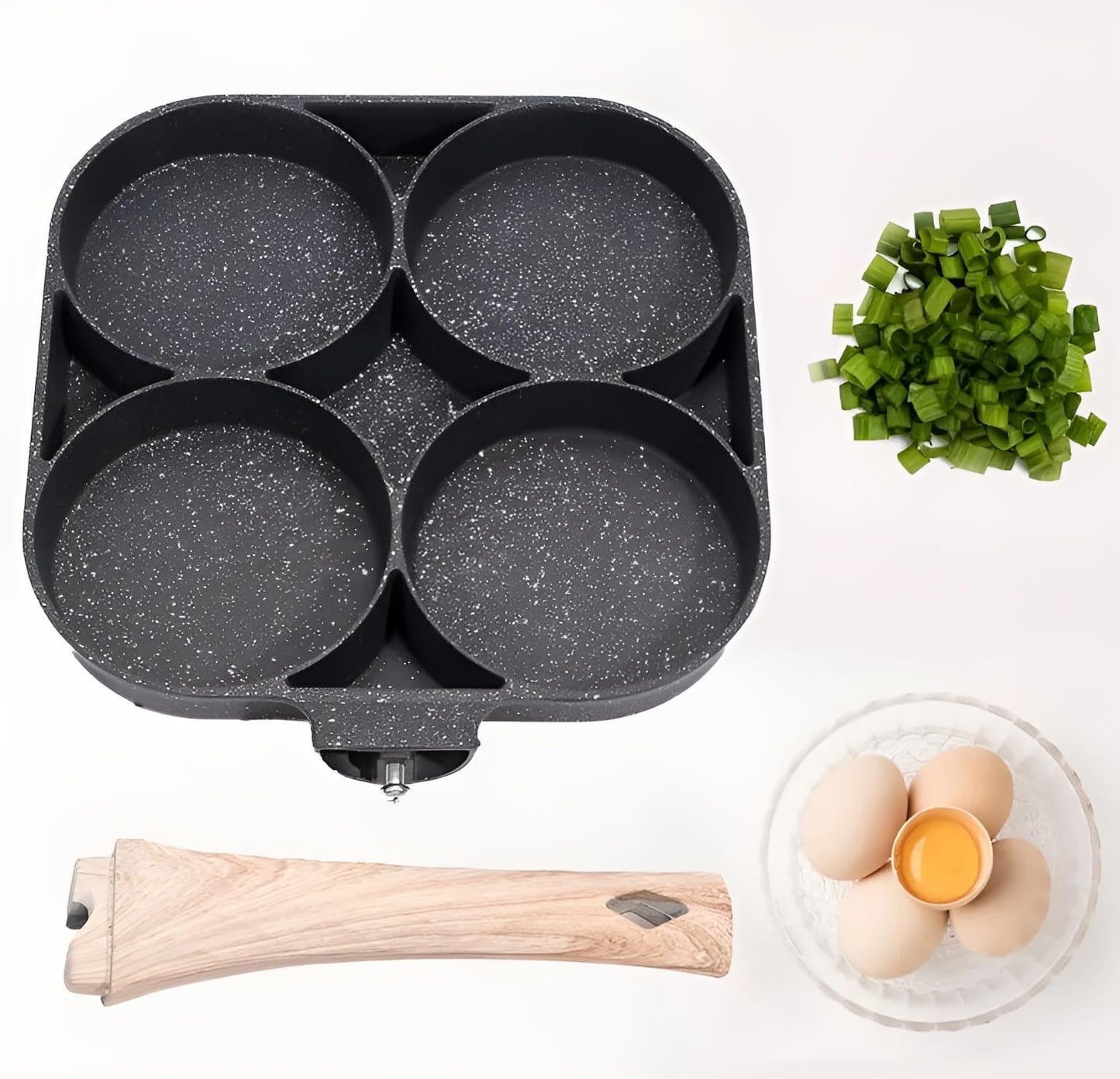 VDNSI Non Stick Frying Pan 4 Hole Ceramic Pan for Cooking Non Stick Egg Frying Pan with Wooden Handle Non Stick Omelette Pan Iron Cooking Pans for Kitchen (1pcs) (Black)