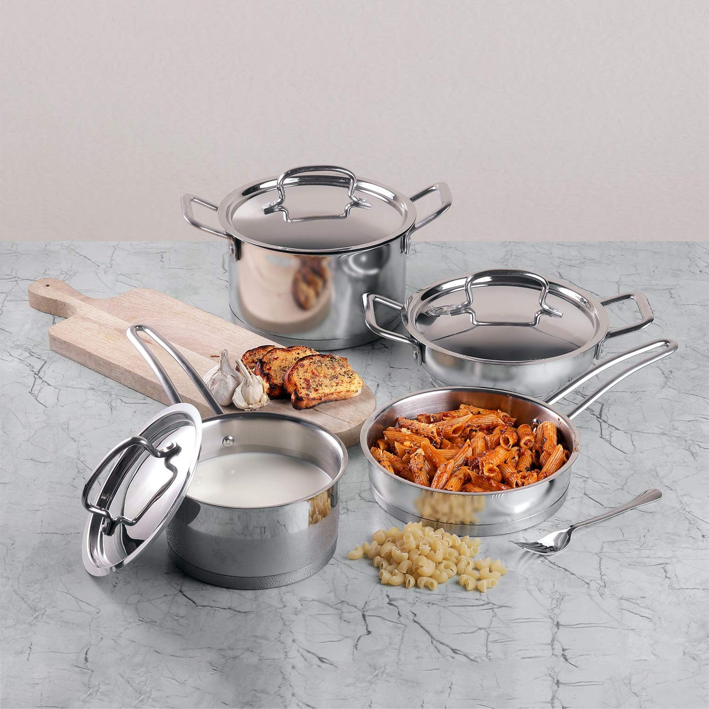 Vinod Cookware Classic Deluxe Stainless Steel Induction Friendly 4 Pcs. Set (16cm Saucepan with Lid, 18cm Sauce Pot with Lid, 20cm Kadai with Lid, 20cm Fry Pan Without Lid)