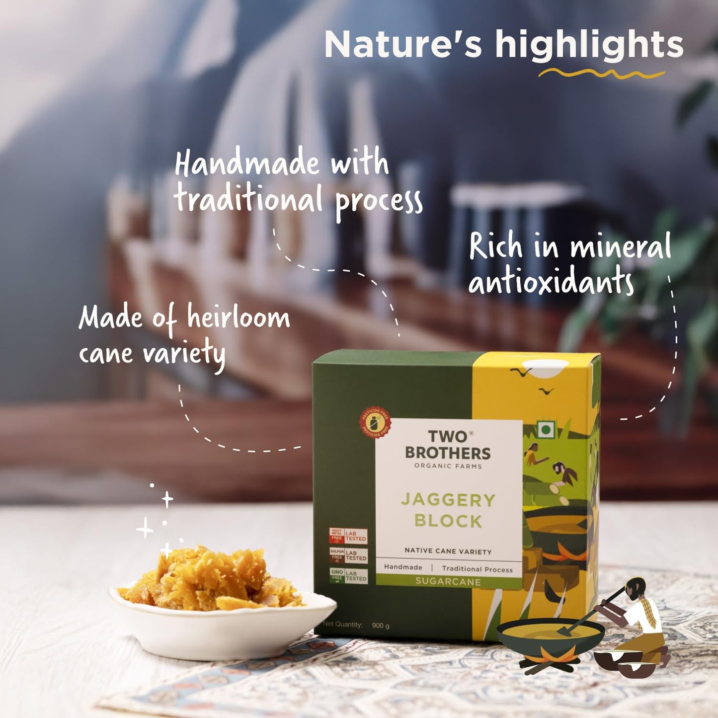 Two Brothers Organic Farms - Handmade Sugarcane Jaggery Block (900g) | Unrefined, Preservative-Free, Nutrient-Rich Gud | Iron-Boosting | Healthy Sugar Substitutes