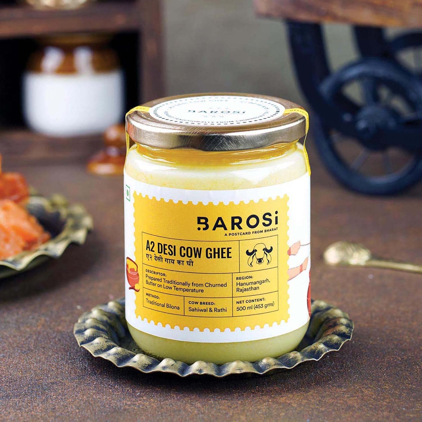 Barosi Premium A2 Cow Ghee 500 millilitre | A2 Danedar Desi Ghee | Churned from Curd with Bilona Method | Pure & Aromatic | Organic, Farm Made in Small Batches | Glass Jar Packing