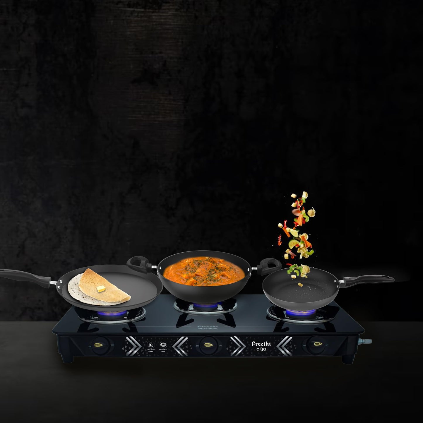 Preethi Dura Collection Non Stick Set, 28 cm Tawa, 26 cm Frying Pan, 26 cm Kadai, with Glass Lid, Gas & Induction Compatible, 5 Star Non Stick Effect, Chilly Red