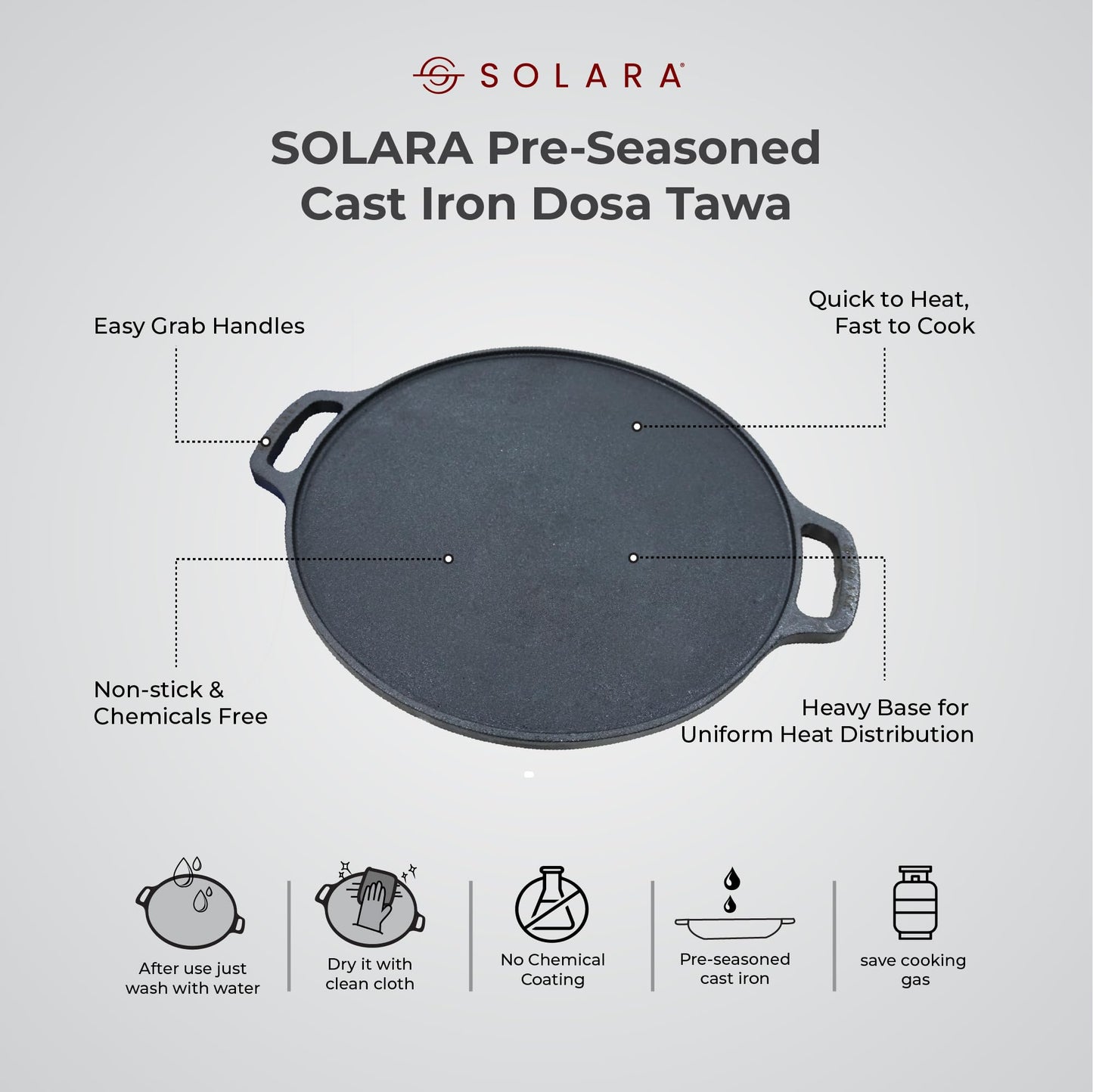 SOLARA Cast Iron Tawa for Dosa 12" Inch(30 CM), Tawa for Dosa, Uthappam, Roti, Chapati, Naan, Gas & Induction Friendly, Dosa Tawa Cast Iron, Cast Iron Cookware
