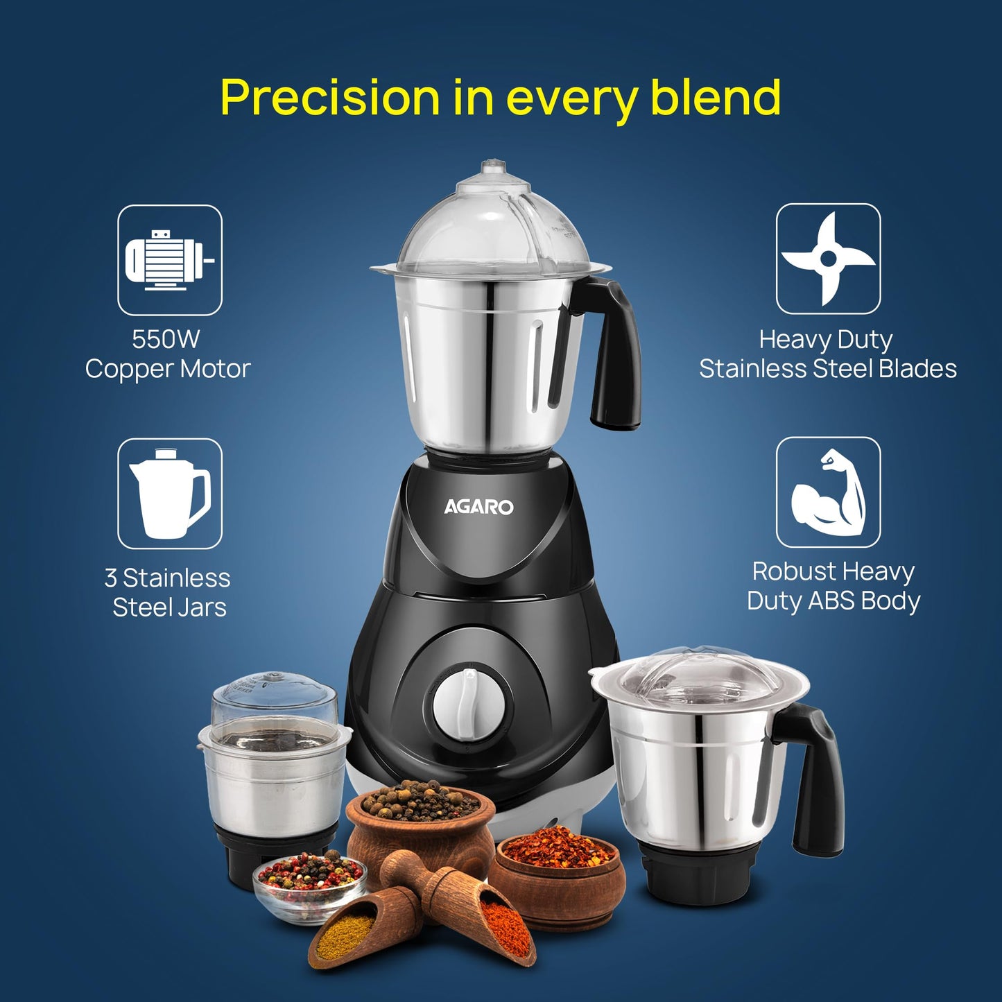 AGARO Elite Mixer Grinder 550W, 100% Copper Motor, 3 Stainless Steel Jar, 3 Speed, Whip Function, Stainless Steel Blades, Wet & Dry Grinding, Black
