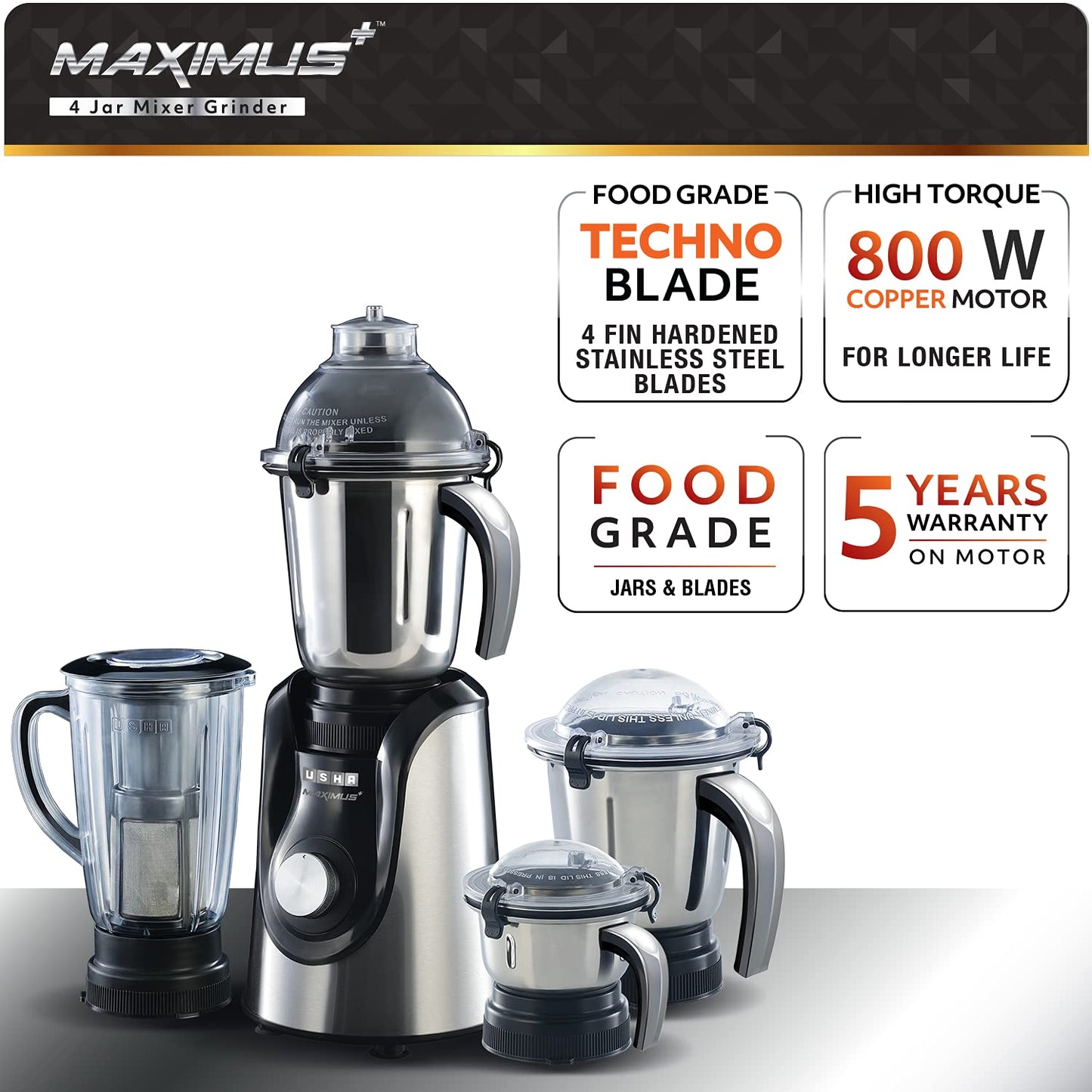 Usha Maximus Plus 800-Watt Copper Motor Mixer Grinder with 4 Jars and 5 Years Motor Warranty(Black & Stainless steel)
