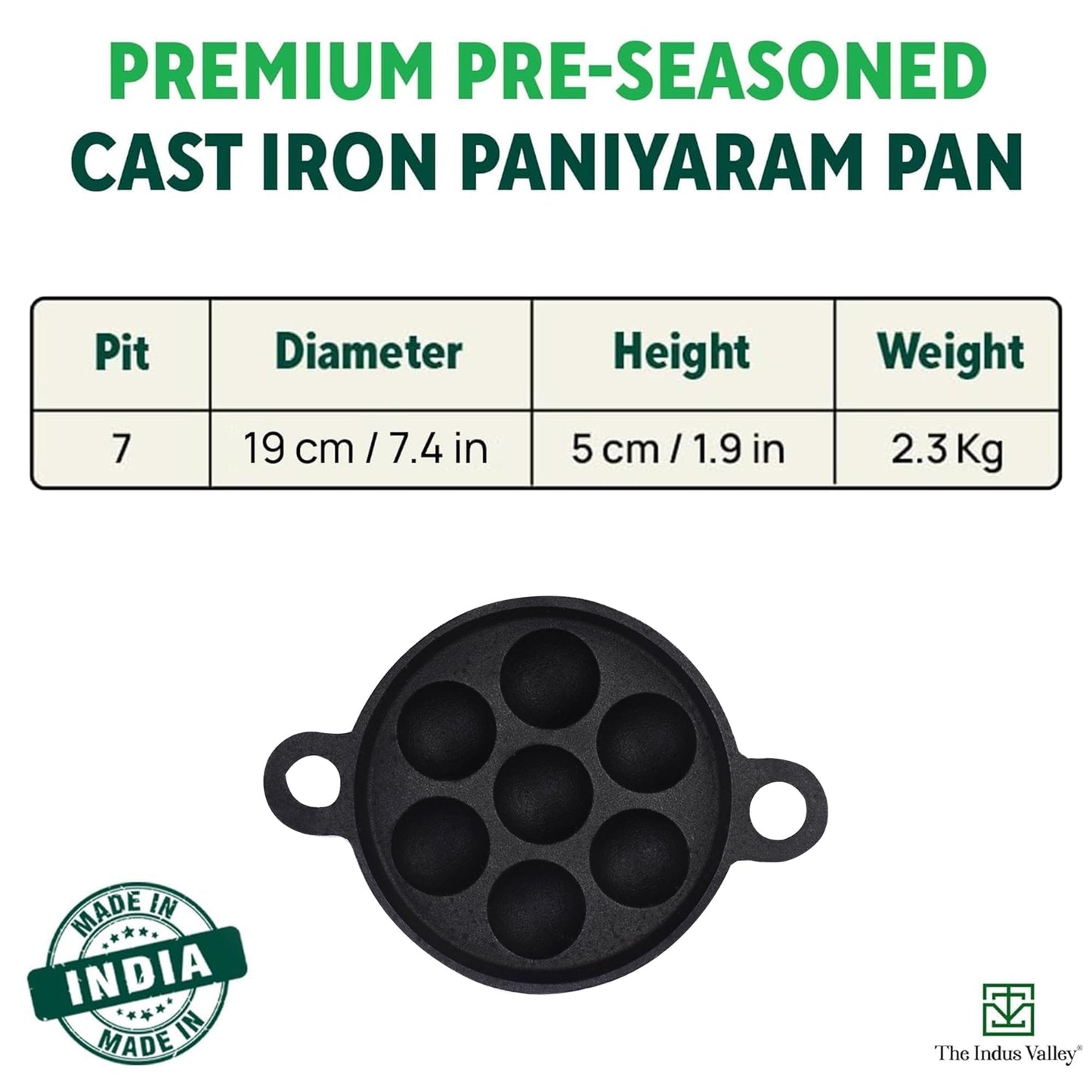 The Indus Valley Super Smooth Cast Iron Paniyaram Pan | 7Pit, 19Cm/7.4 Inch, 2.2Kg | Induction Friendly | Nonstick, Pre-Seasoned Appe/Paddu Pan, 100% Pure & Toxin-Free, No Chemical Coating - Black