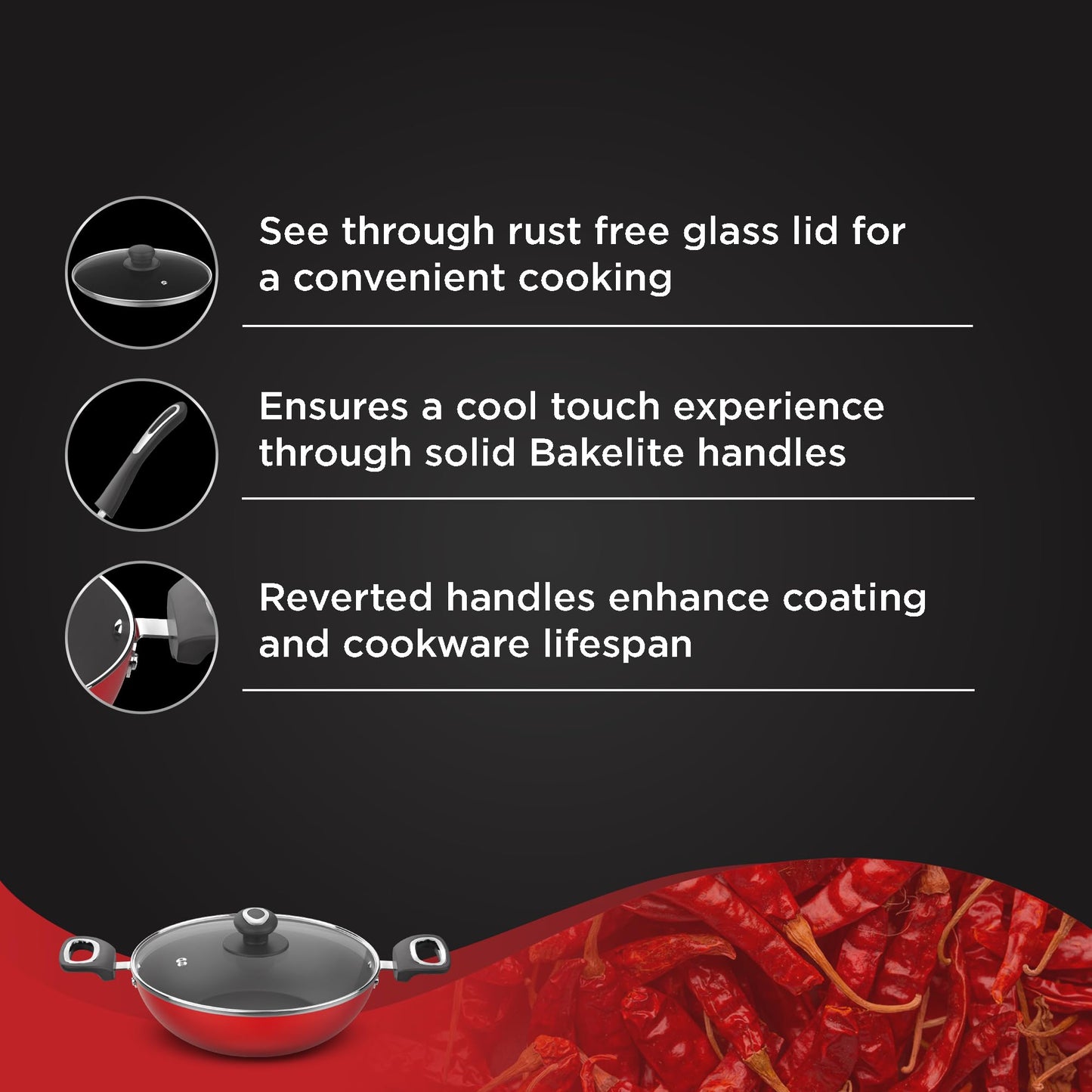 Preethi Dura Collection Non Stick Kadai, 24 cm, with Glass Lid, Gas & Induction Compatible, 5 Star Non Stick Effect, Chilly Red