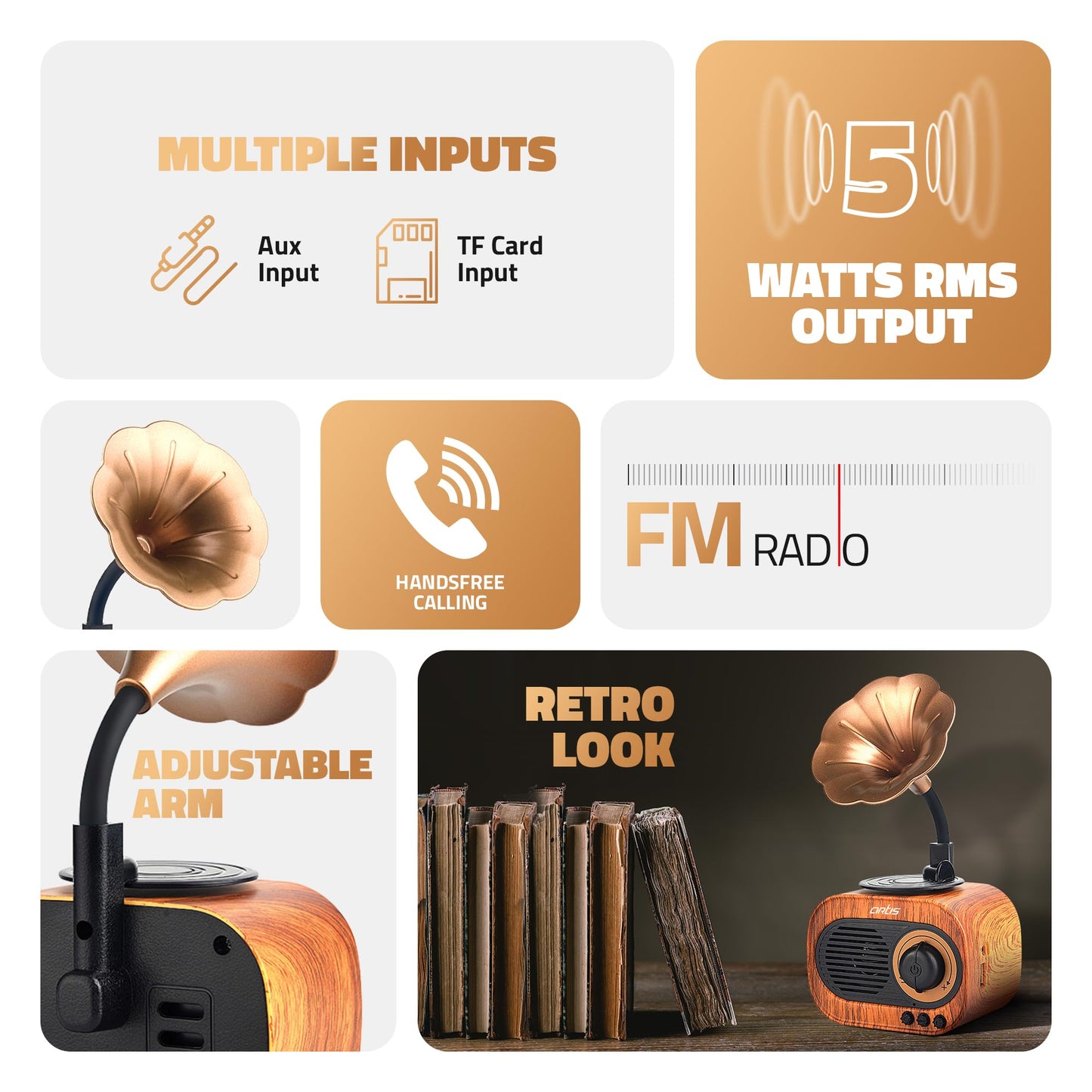 Artis BT12 Classic Retro Wireless BT Speaker with FM/USB/AUX in & Hands Free Calling (5W RMS Output)