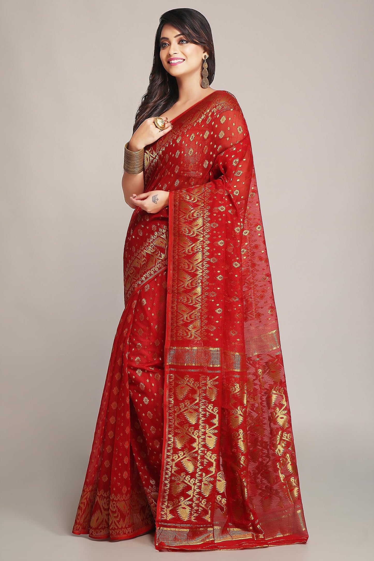 WoodenTant women’s cotton silk golden zari dhakai jamdani saree without blouse piece_(Red)