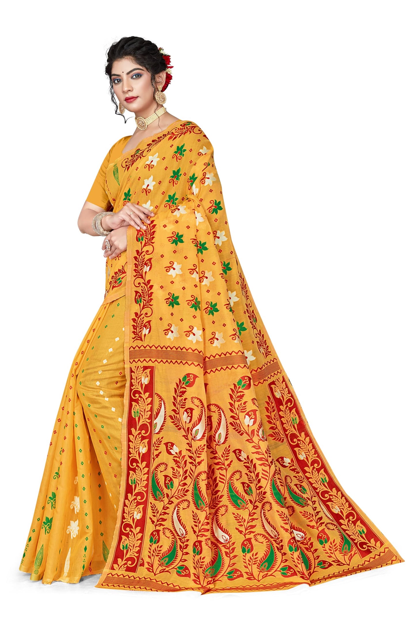 BROYAAR SHOP Women Soft Resham Dhakai Jamdani Relaxed Fit Blend Silk Saree Whole Body Design Without Regular Fit Blouse Piece(Gold)