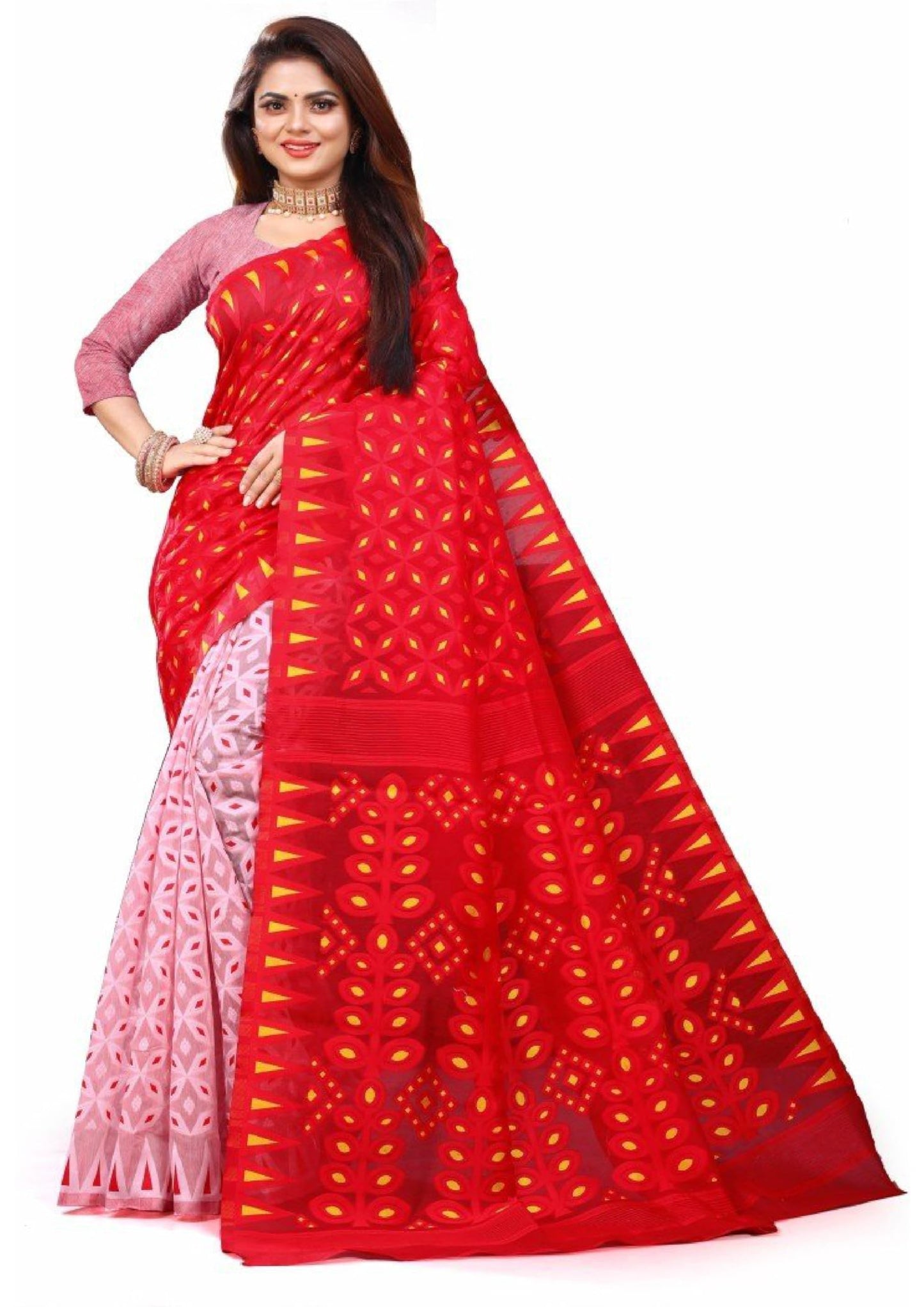 Women`s Bengal Handloom Tant Soft Dhakai Jamdani Cotton Saree Whole Body Design Without Blouse Piece (White Red)