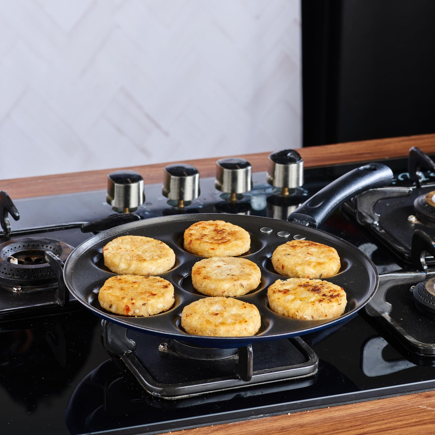 Vinod Zest Aluminium Non Stick Mini Uttapam Pan - 7 Cavaties, 26 cm | 3mm Thick | 3 Layer Coating | Bakelite Handle | Metal Spoon Friendly| Gas Base | 1 Year Warranty - Blue