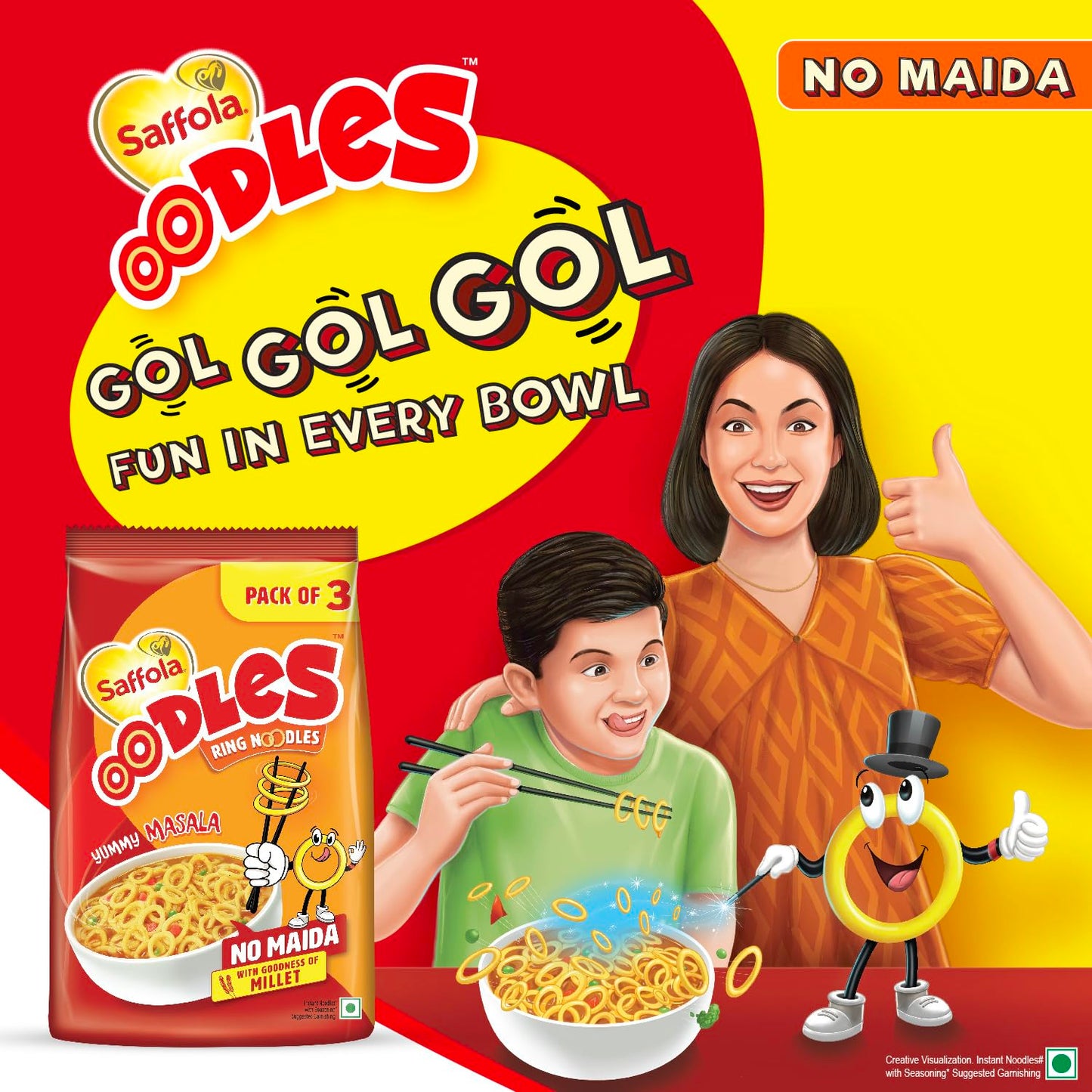 Saffola Oodles Yummy Masala Pack of 14 (14x53g) 742gm, Instant Noodles, Ring Noodles, No Maida, Goodness of Millet & Oats