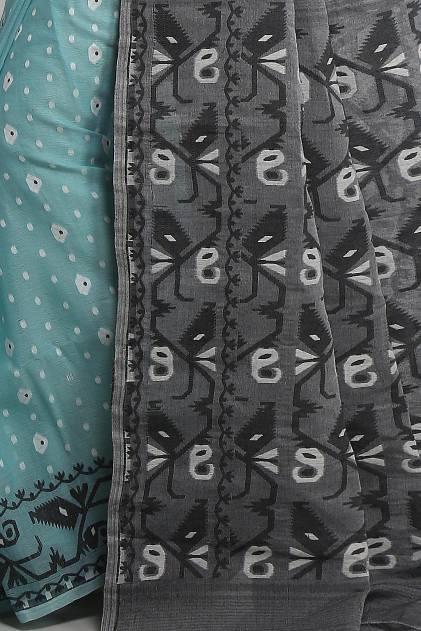 WoodenTant Women's Bengal Made Soft Dhakai Jamdani Saree Without Blouse Piece. (Beige & Green, Cotton)