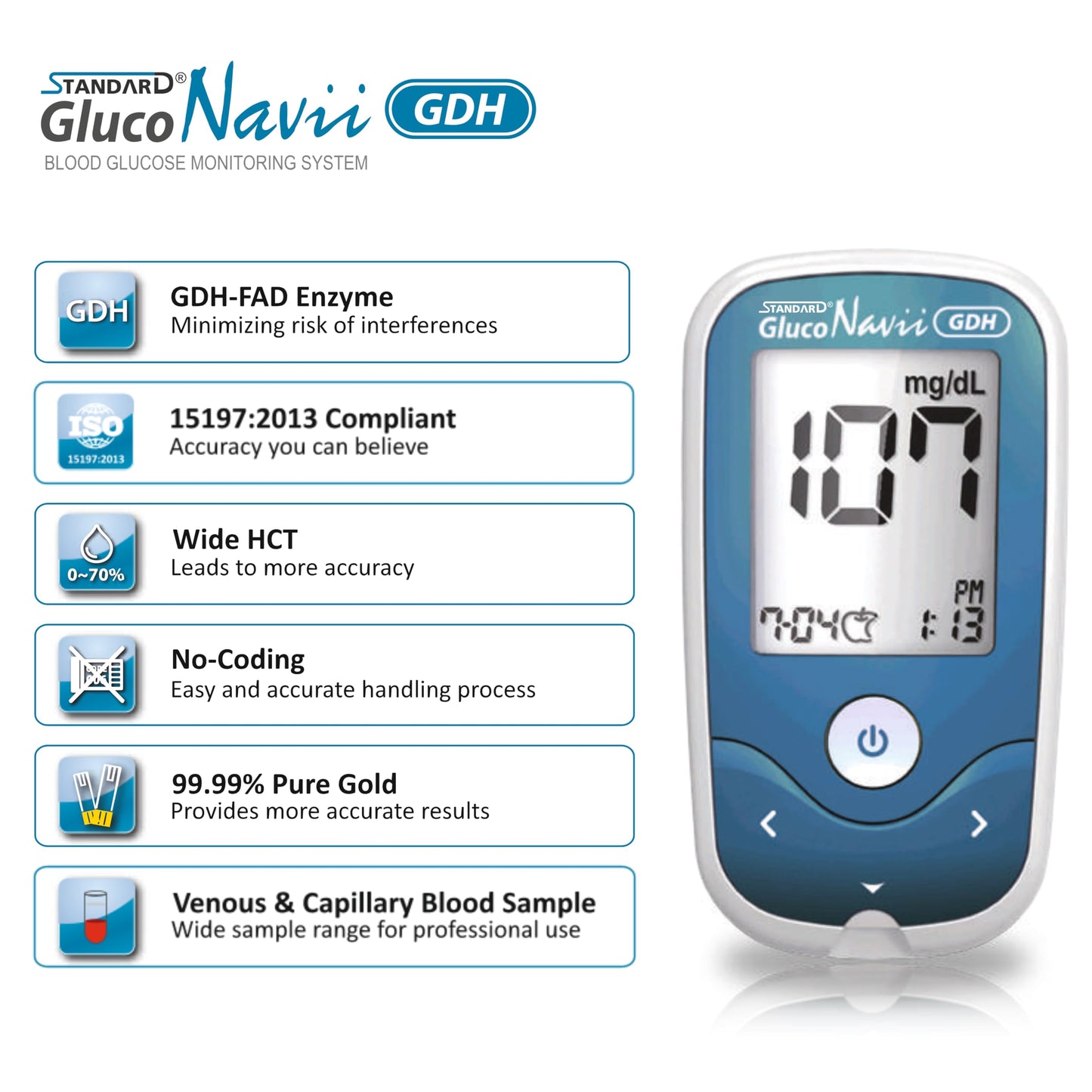 STANDARD Gluco Navii GDH Blood Glucose Monitor with 100 Strips - Glucometer