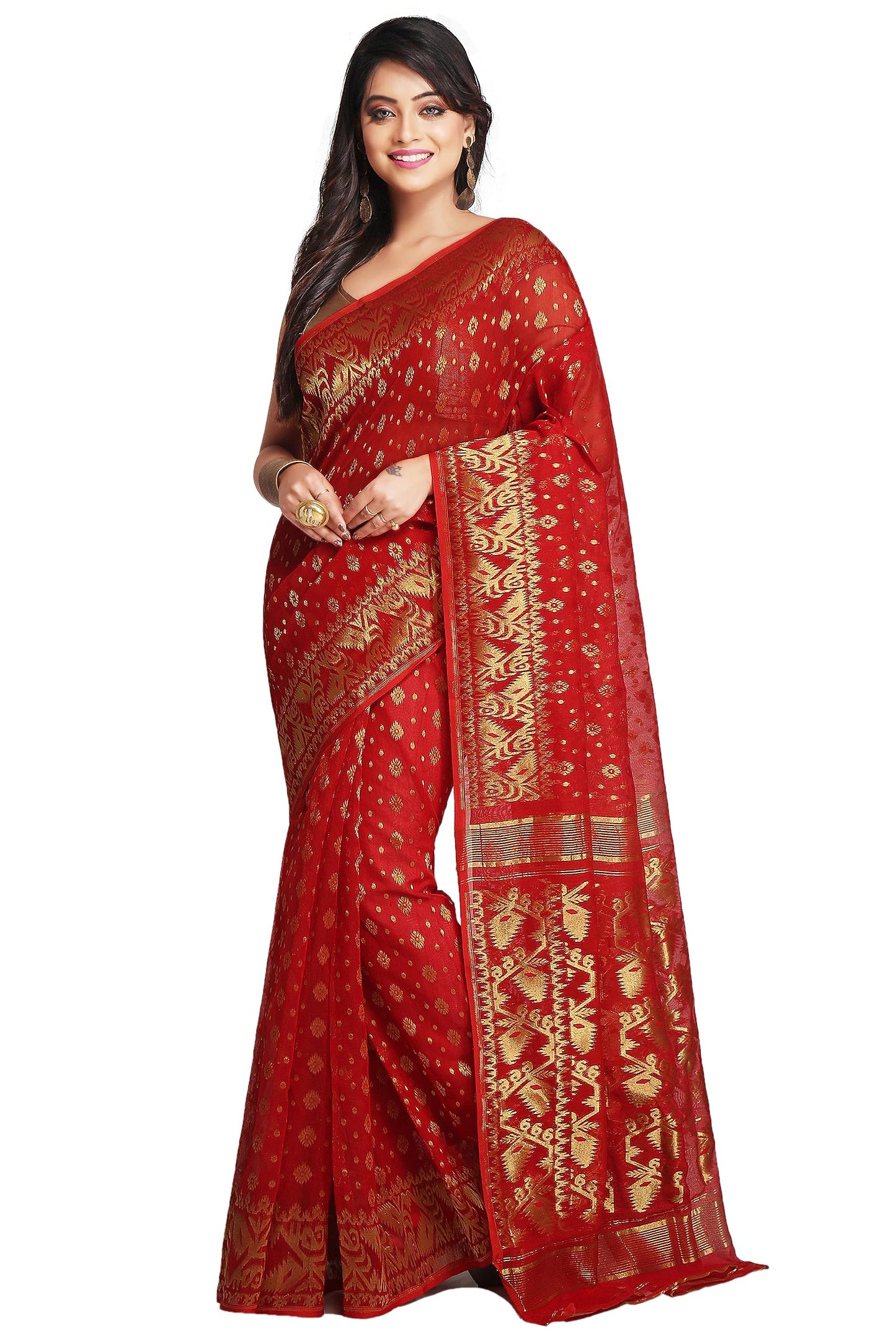 WoodenTant women’s cotton silk golden zari dhakai jamdani saree without blouse piece_(Red)