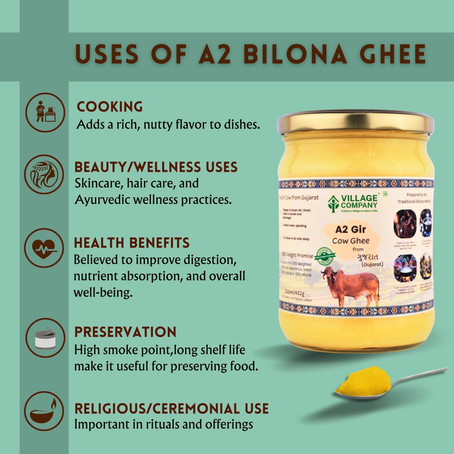 Village Company A2 Cow Desi Ghee 500ML | Gir Ghee Vedic Bilona Method | Organic Pure Natural | Two Way Curd Churned - Best Farm Fresh Grass Fed Cattle Milk | India Lab Certified | Glass Jar Half Litre