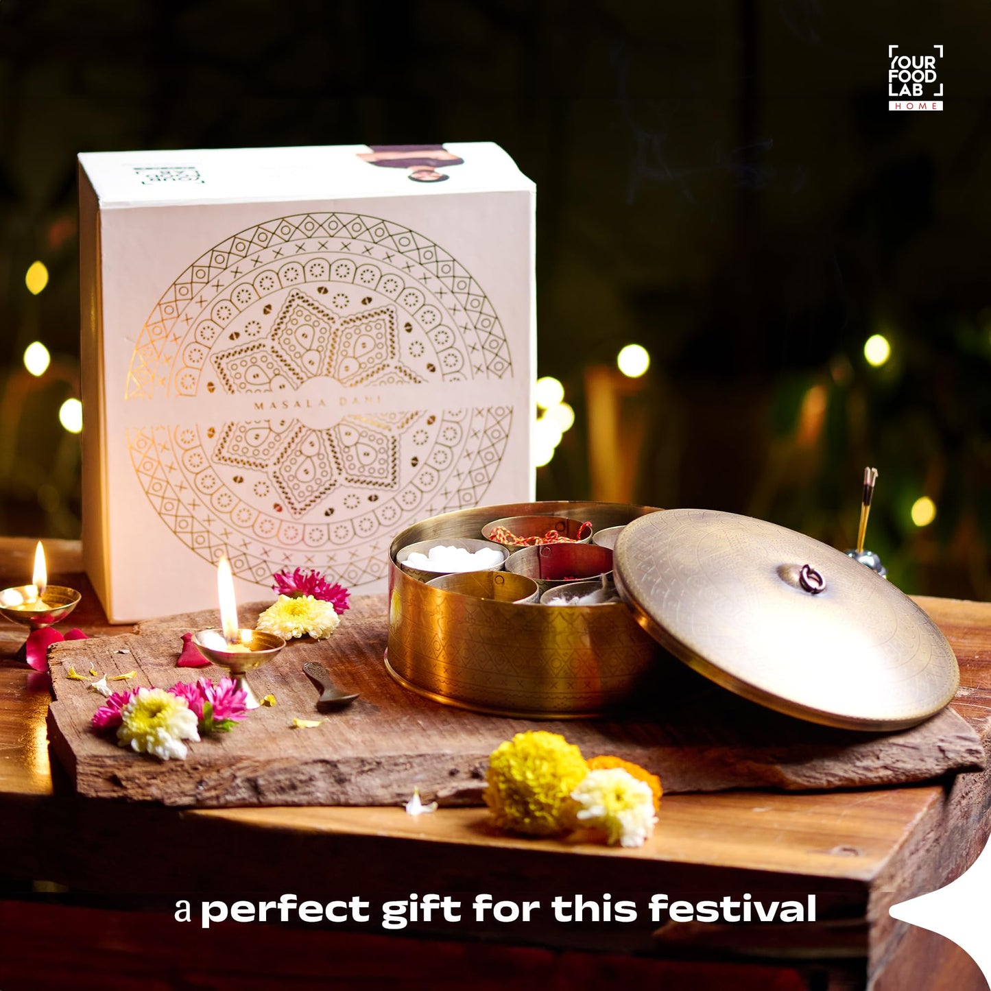 YFL HOME Brass Spice Box for Kitchen with Spoon (Pure Brass, 7 Detachable containers, 100 ML) | Masala box for Kitchen | Spice Storage Container | Stylish Masala Dani for gift