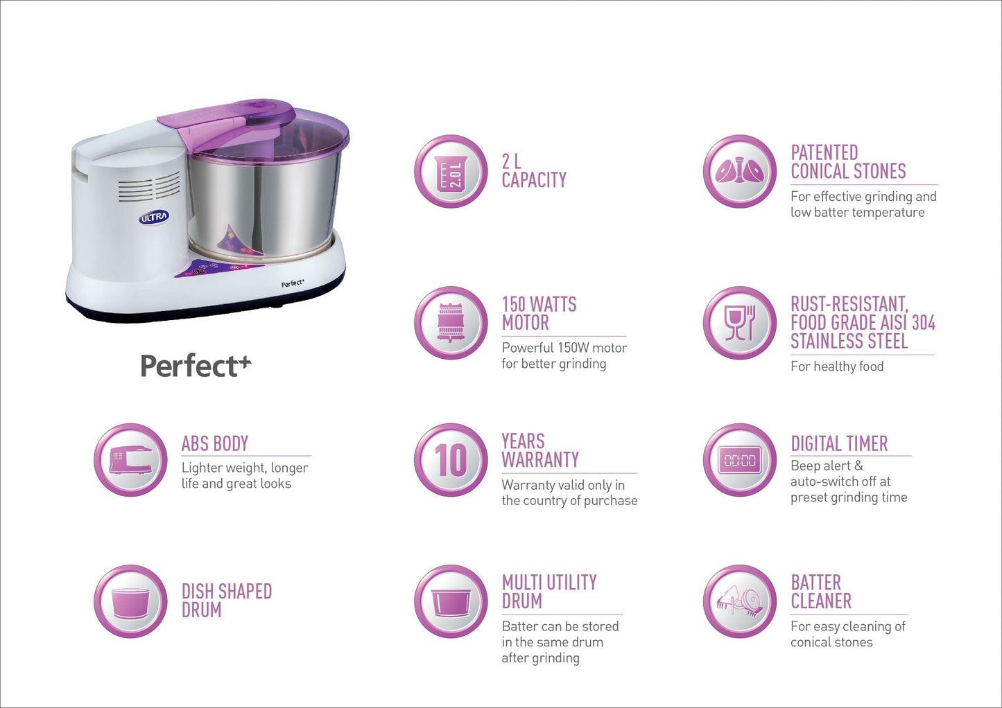 Ultra ABS Plastic Elgi Ultra Perfect+ Wet Grinder, 2 L (White)