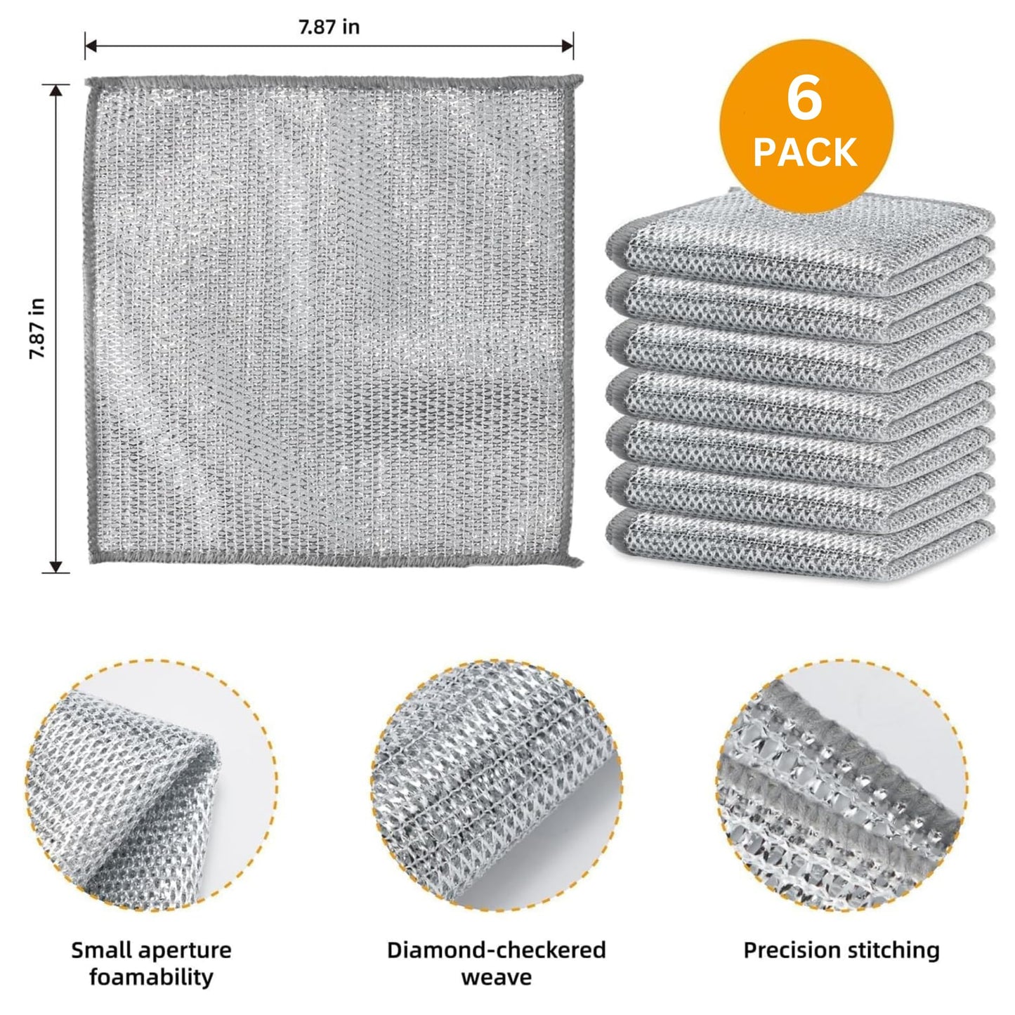 SHOPPOFOBIX Multipurpose Non-Scratch Wire Dishcloth, 6-Pack Soft Wire Dishwashing Rags Safe for Non-Stick Cookware, Scrubs & Cleans for Dishes, Sinks, Counters, Stove Tops, Easy Rinsing, Durable (6)