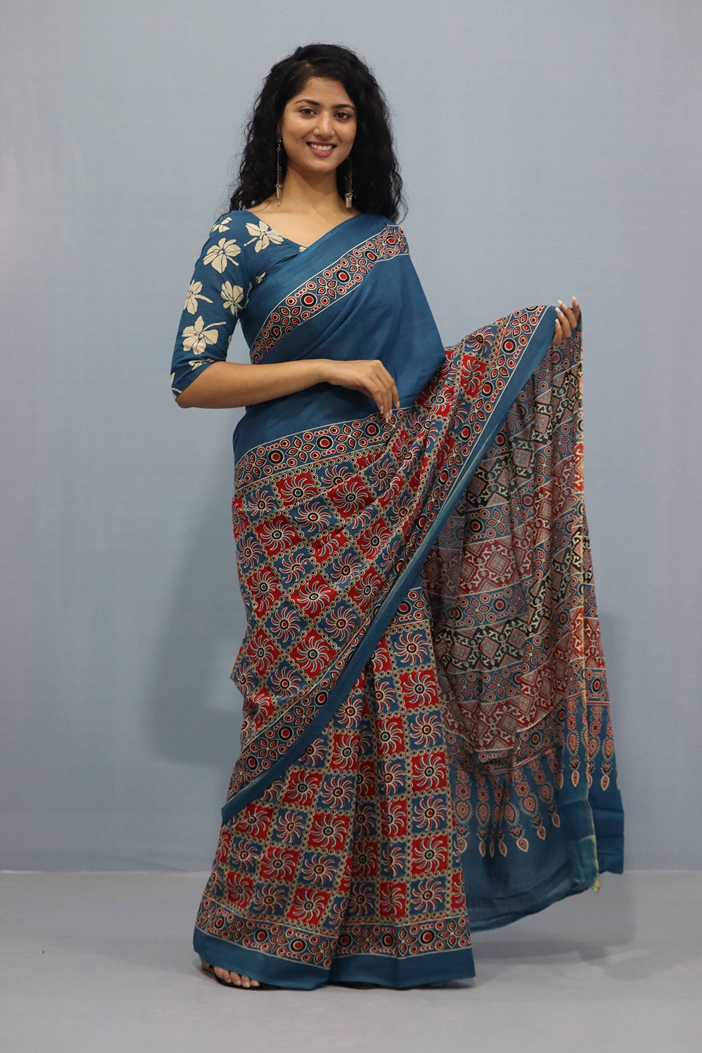 Tropwear Handicrafts Women's Ikat Hand Block Print Jaipuri Cotton Mulmul Saree with Blouse Piece - _SH_320