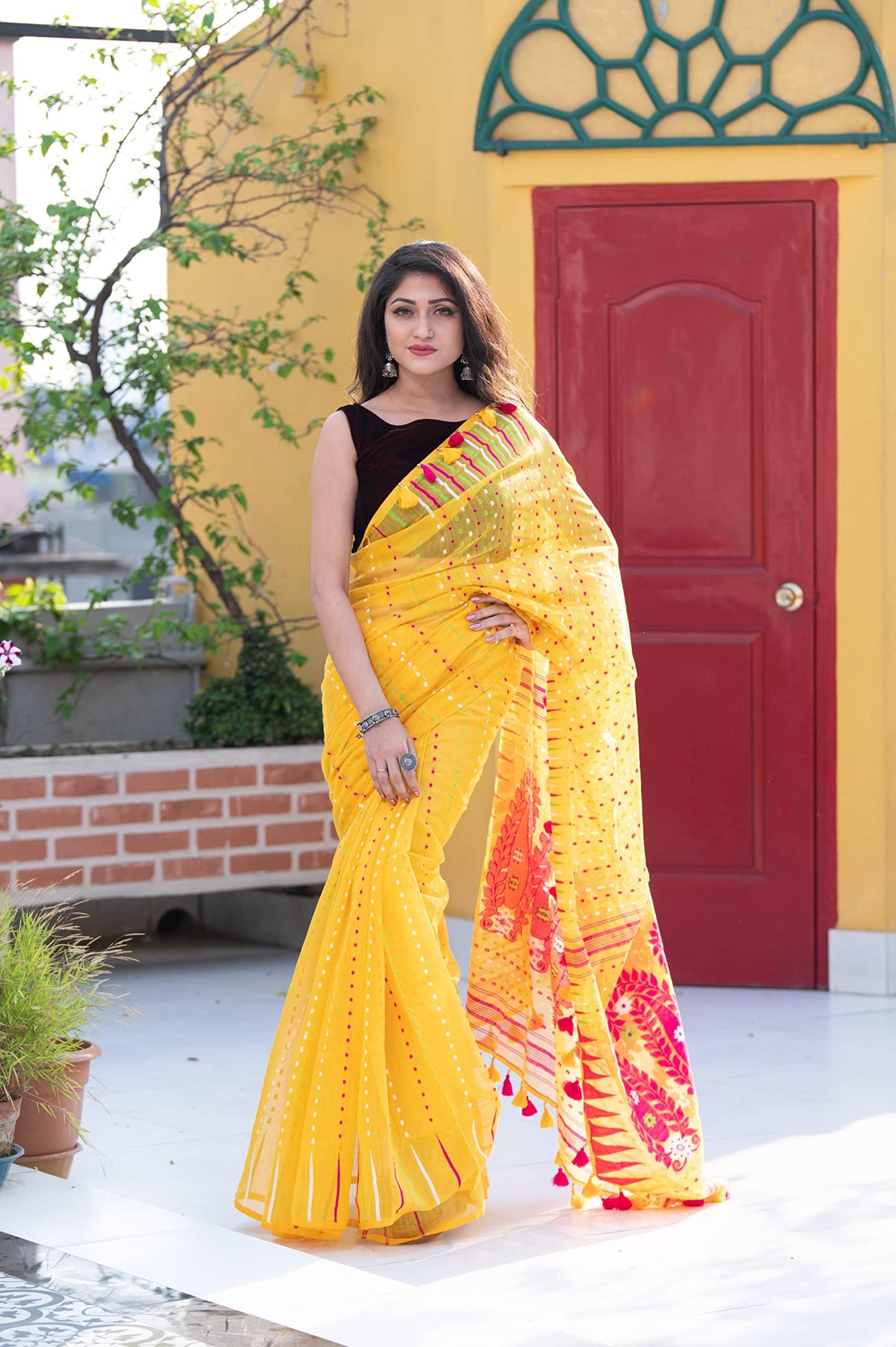 Rupanjali Jamdani Handloom Woven Pure Cotton Soft Light Weight Saree for Women (YELLOW 01)