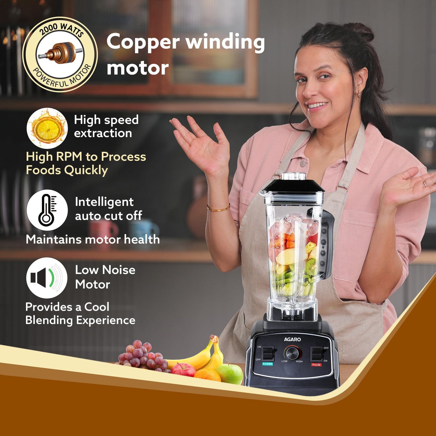 AGARO Grand Professional Blender/Grinder/Mixer, 2000 watts, 2 Litres BPA Free Jar, Commercial heavy duty blender, High Power & Speed Blender, 100% Copper Motor, Pulse Function, 8 Leaf SS Blade