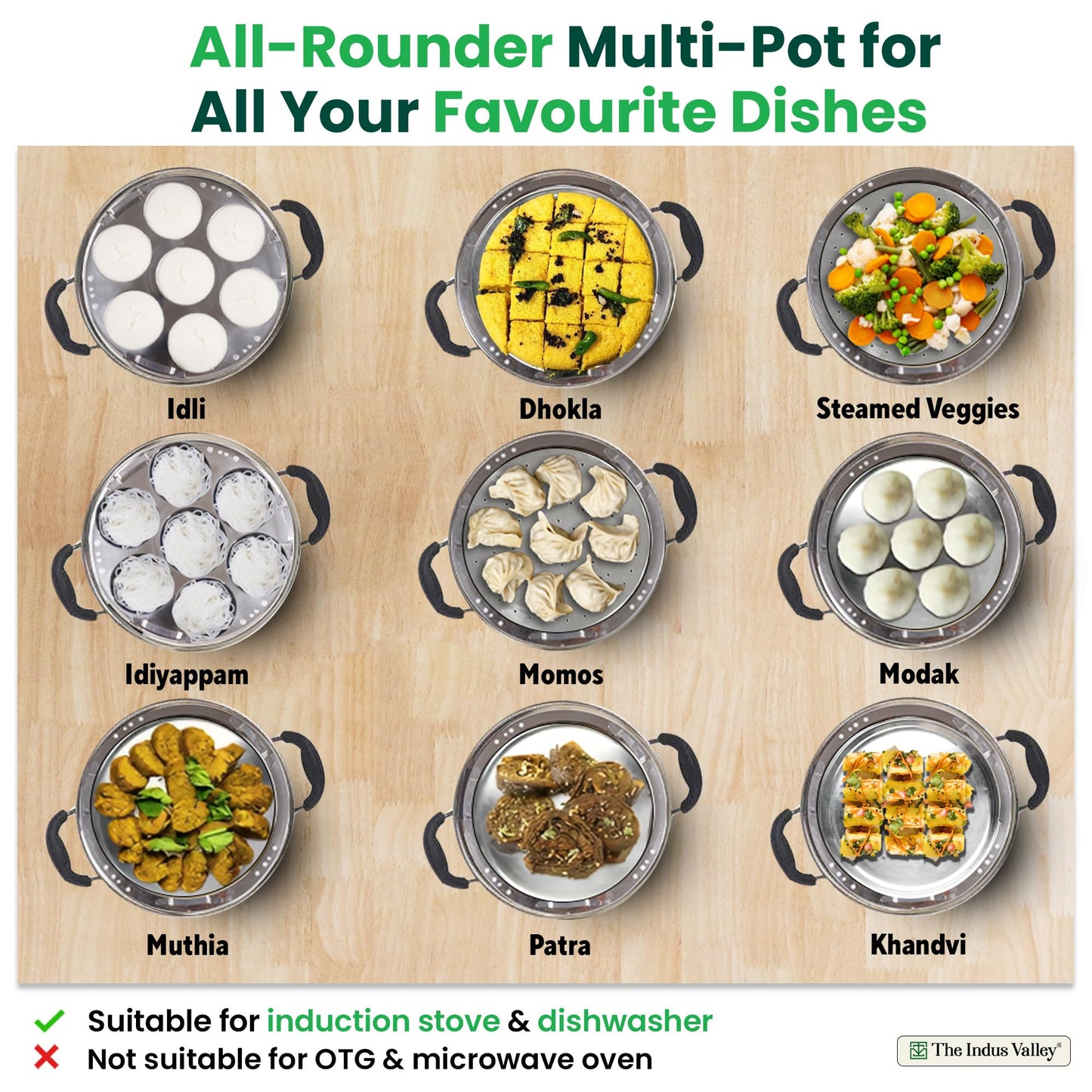 The Indus Valley Stainless Steel Idli Maker/Momo Maker/Multi Kadai/Steamer Set | Large, 5 Plates, 2 Idli | 2 Dhokla | 1 Steamer | 29cm/11.3 inch, 4.2Ltr, 2.5kg | 3-Layer Thick Bottom | Induction friendly