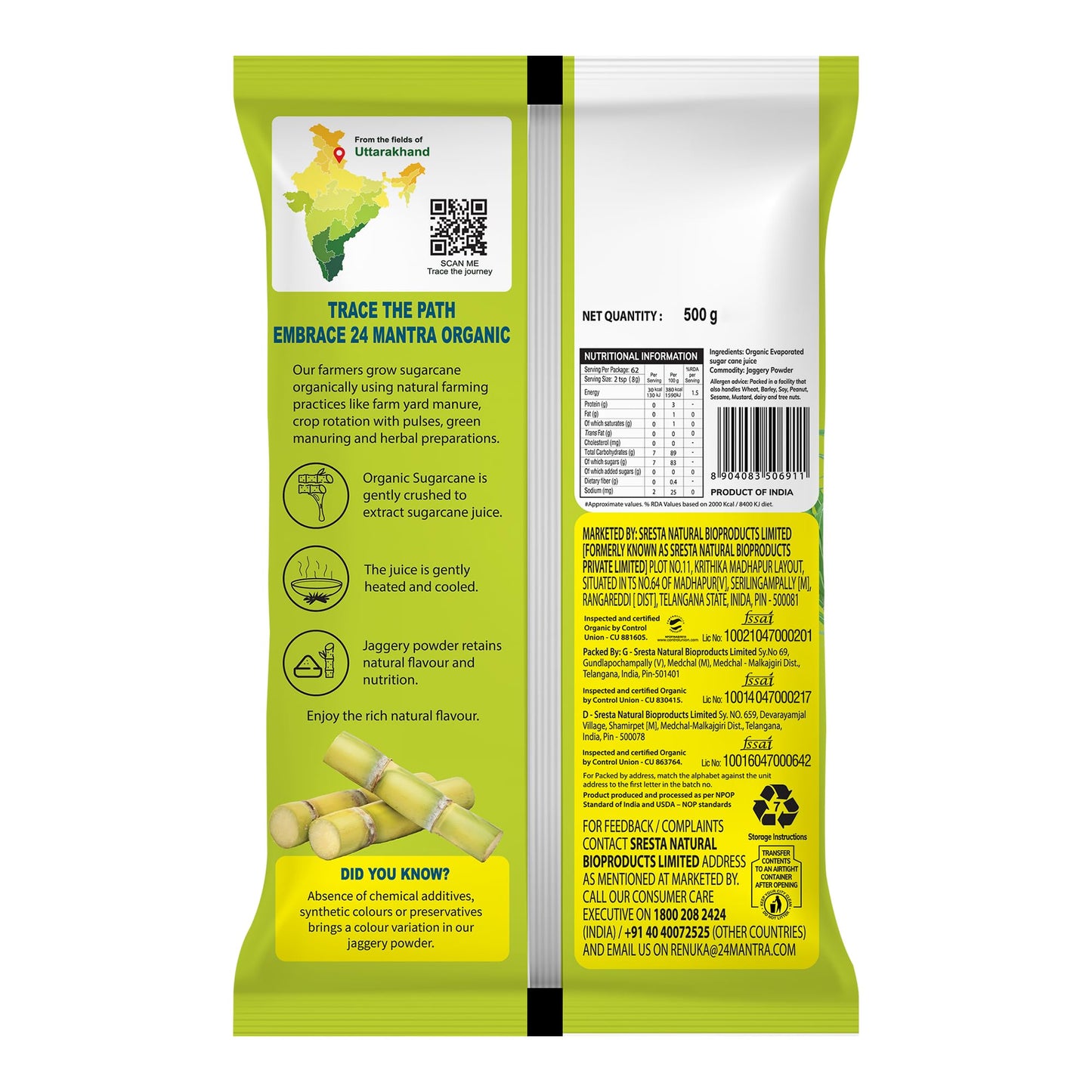 24 Mantra Organic Unbleached Jaggery Powder 500 gms, Healthy Sugar Substitute, Unrefined & Unadulterated | Certified Organic & Chemical Free