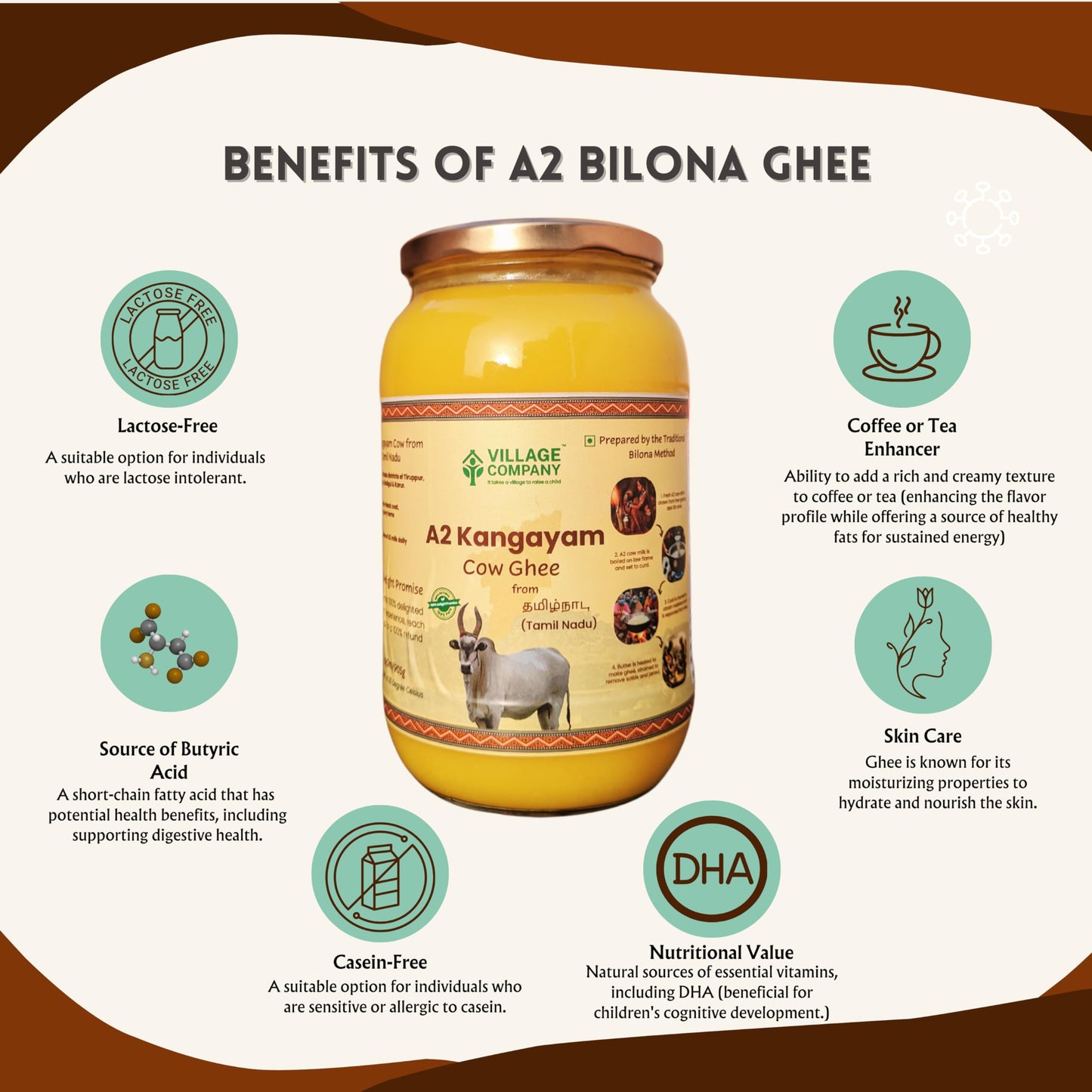 Village Company A2 Bilona Desi Cow Ghee | Bilona Method | Premium, Organic, Traditional | Grass Fed | Kangayam Desi Cow | Lab-Certified | Glass Jar 1L