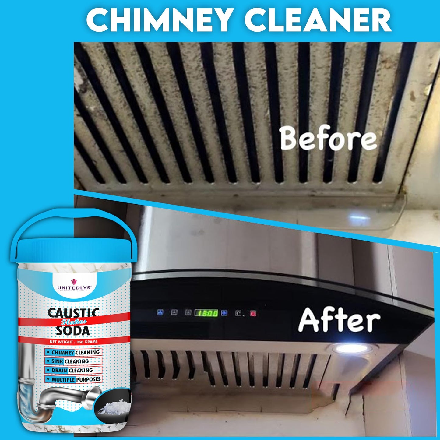 Unitedlysยฎ Caustic Soda Drainage Block Remover 350G | Fast-Acting, Non-Toxic & Odorless Drain Cleaner Powder | Caustic Soda for Drain Cleaning | Sink Cleaner, Drain Pipe Cleaner & Drainage Cleaner