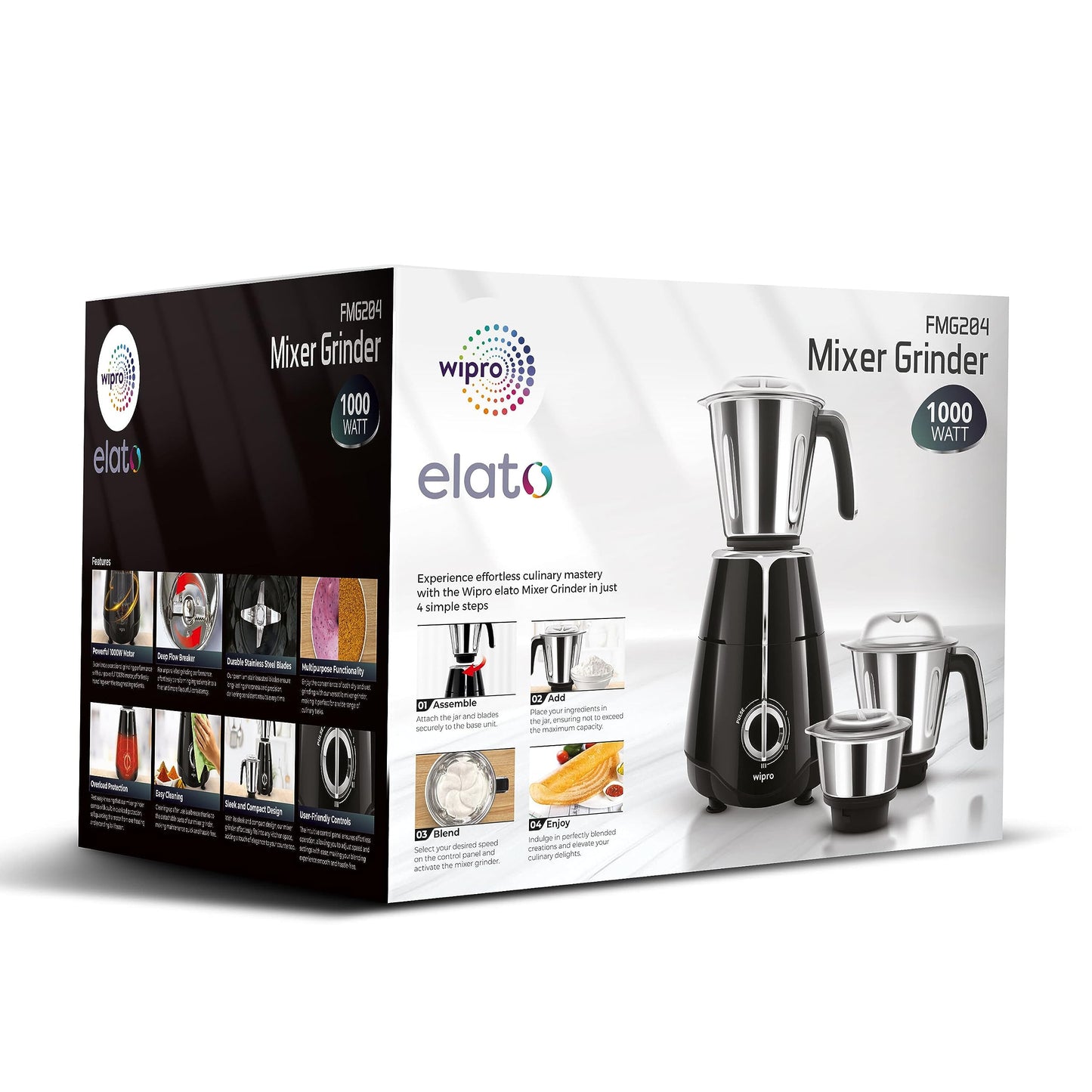 Wipro Elato FMG204 1000 Watt Mixer Grinder with 3 Jars(Wet Grinding Jar (1.5 L) + Dry Grinding Jar (1.2 L) + Chutney Jar (0.5 L)), 100% Copper Motor, 5 Years Motor Warranty, Doorstep Service,Black