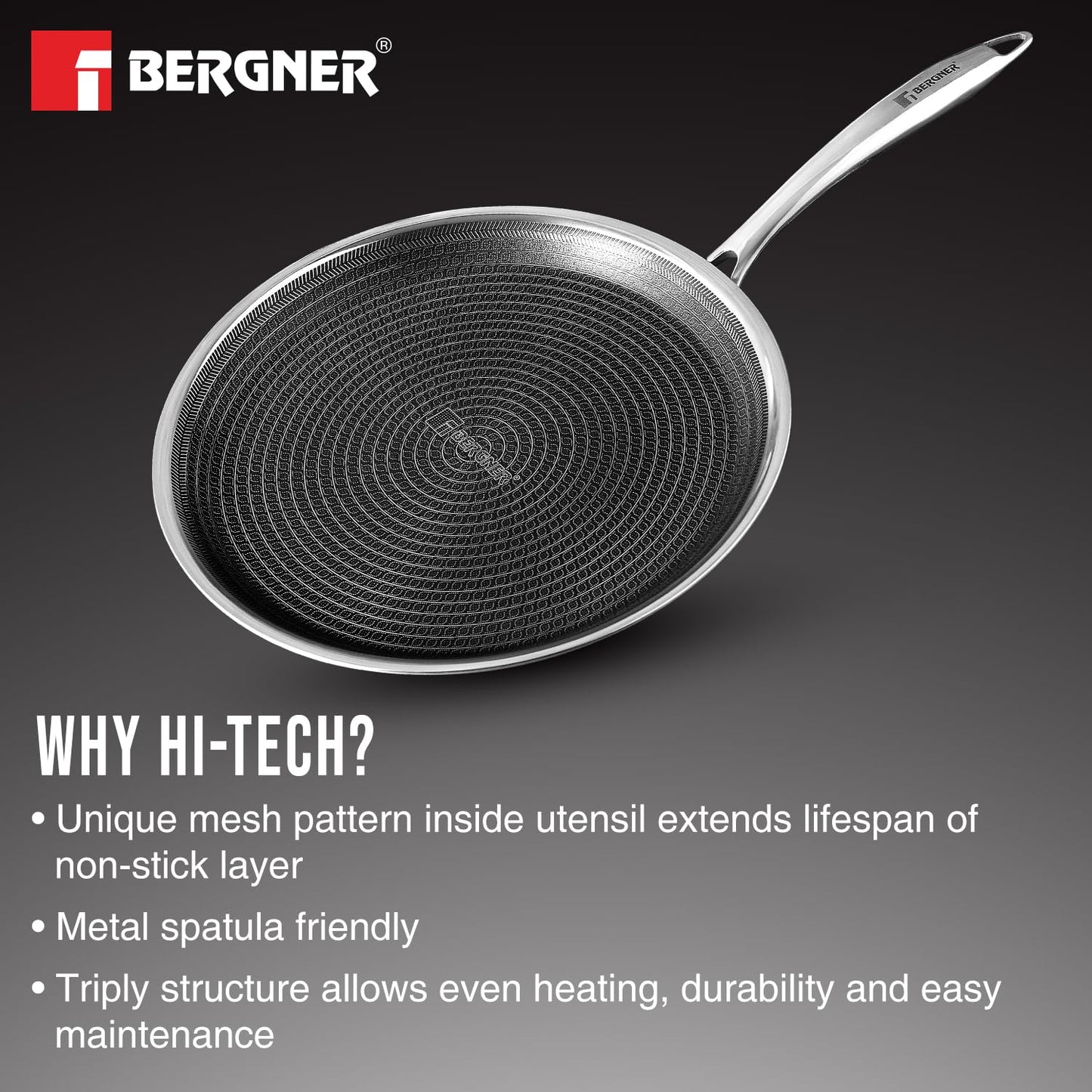 Bergner Hitech Triply Non-Stick 32 cm Dosa Tawa, Tawa for Dosas with Non-Stick Mesh Pattern, Rivetless Handle, Metal Spatula Friendly, Even Heat Distribution, Induction Bottom and Gas Stove Ready