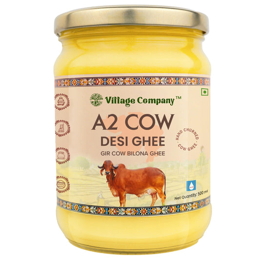 Village Company A2 Cow Desi Ghee 500ML | Gir Ghee Vedic Bilona Method | Organic Pure Natural | Two Way Curd Churned - Best Farm Fresh Grass Fed Cattle Milk | India Lab Certified | Glass Jar Half Litre