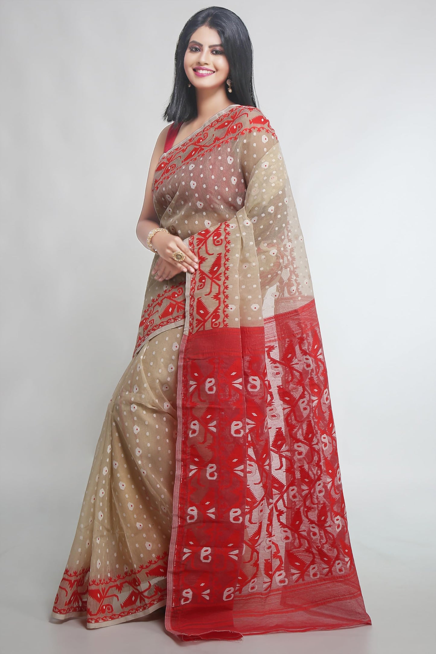 WoodenTant Women's Bengal Made Soft Dhakai Jamdani Saree Without Blouse Piece. (Beige & Red, Cotton)