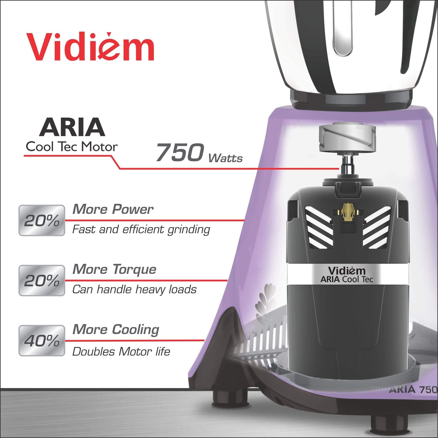 Vidiem Eva Premium 556 A (Lavender with Black) | 750 watt Mixer Grinder with 5 Jars in-1 Juicer mixer | Leakproof Jars with self-lock for wet & dry spices, chutneys & Curries | 5 Years Warranty