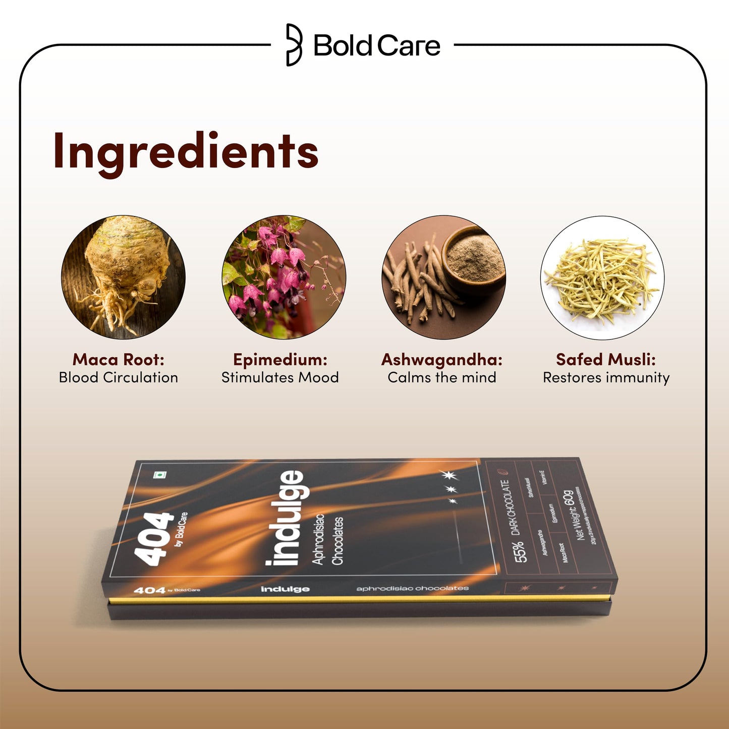Bold Care Indulge Aphrodisiac Chocolate (60 gms) | Rich dark chocolate for improving mood & vitality | Created with Ashwagandha & Maca Root