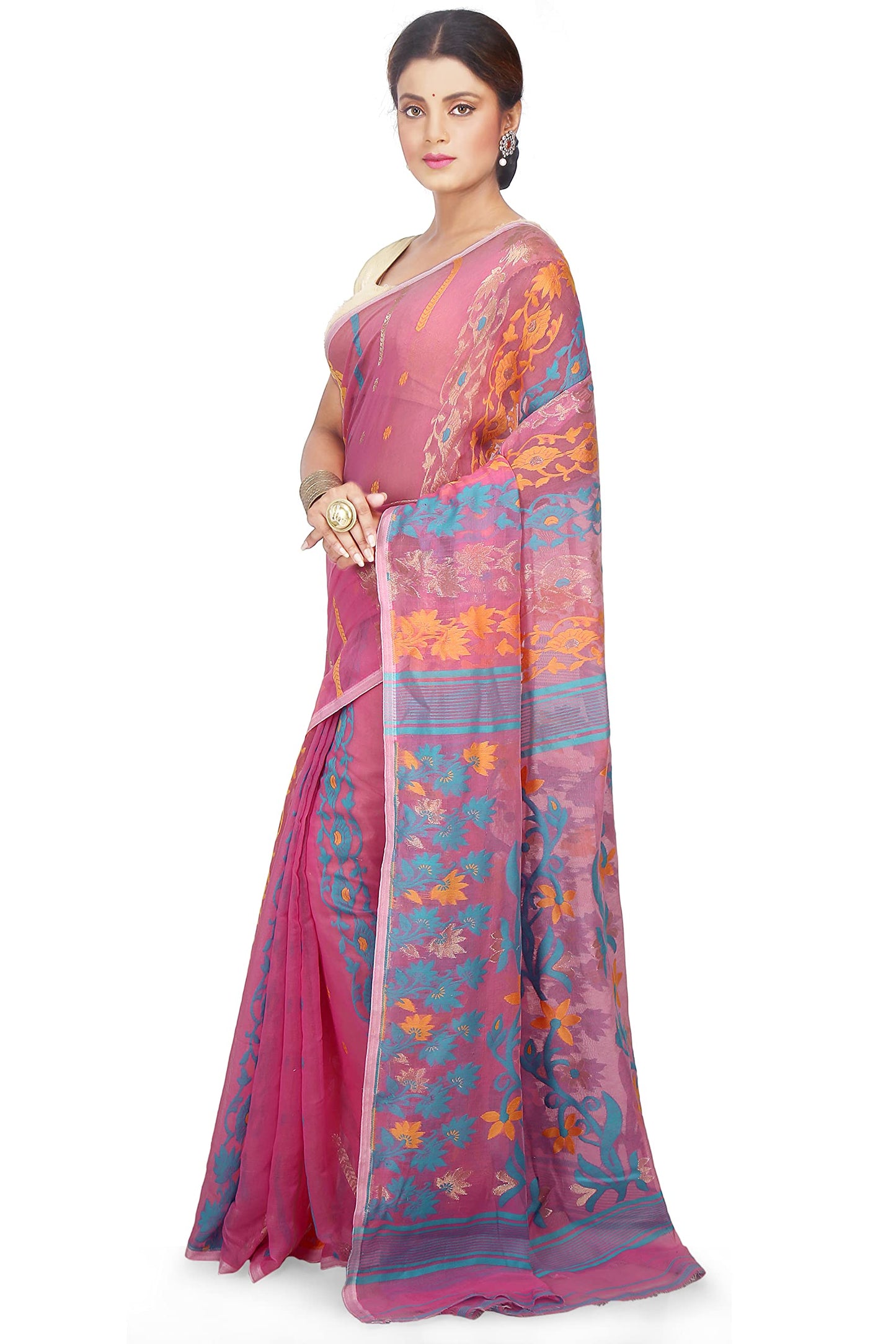 BENGAL HANDLOOM Exclusive Women's Soft Dhakai Patta Jamdani Cotton Silk, Pink Sarees