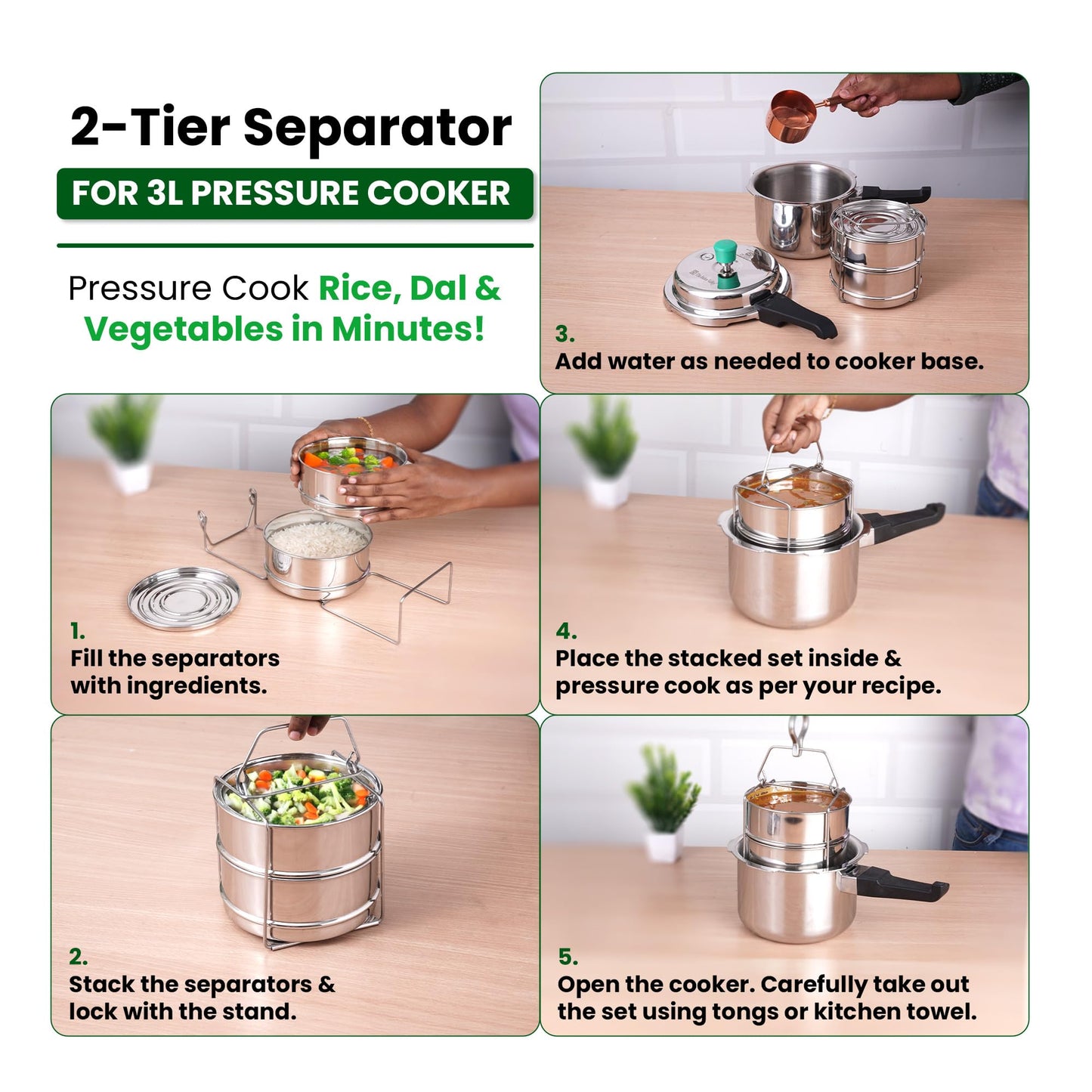 The Indus Valley Stainless Steel Separator Set for 3ltr Pressure Cooker | 5.5 inch, 1.9 ltr, 2-Tier | 100% Toxin Free, No Chemical coating