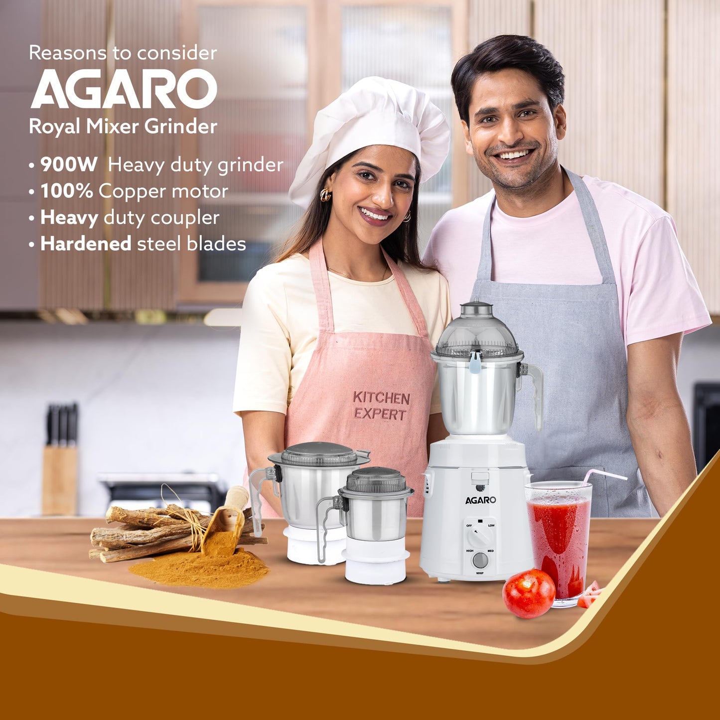 AGARO Royal Mixer Grinder 900W, Heavy Duty, 100% Pure Copper Motor, 3 Stainless Steel Jar, 3 Speed, Whip Function, Stainless Steel Blades,Wet & Dry Grinding, White