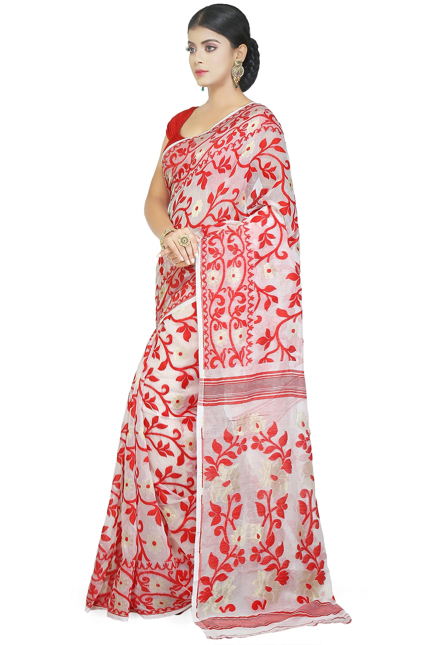 BENGAL HANDLOOM Exclusive Women's Cotton Silk Dhakai Allover Soft Jamdani Sarees (White & Red)