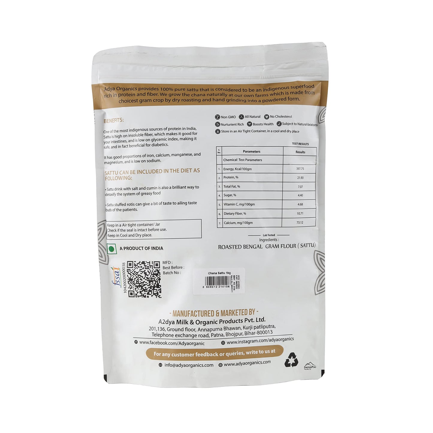Adya Organics Sattu | 100% Pure & High-Protein Roasted Chana Powder | Chemical-Free & Natural | Perfect for Summer Drinks, Parathas, & Snacks | Healthy & Tasty | 2kg- (Pack of 2)