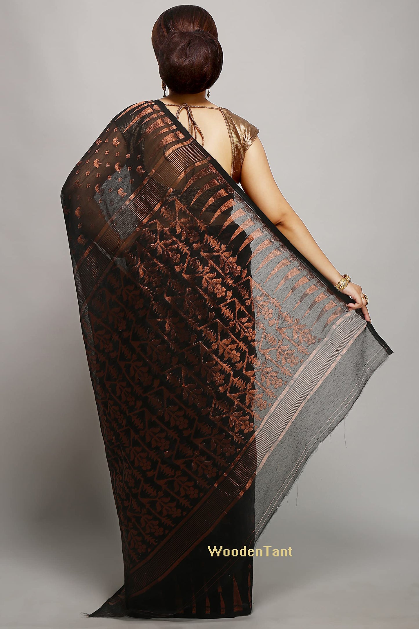 WoodenTant women’s cotton silk dhakai jamdani saree without blouse piece_Black