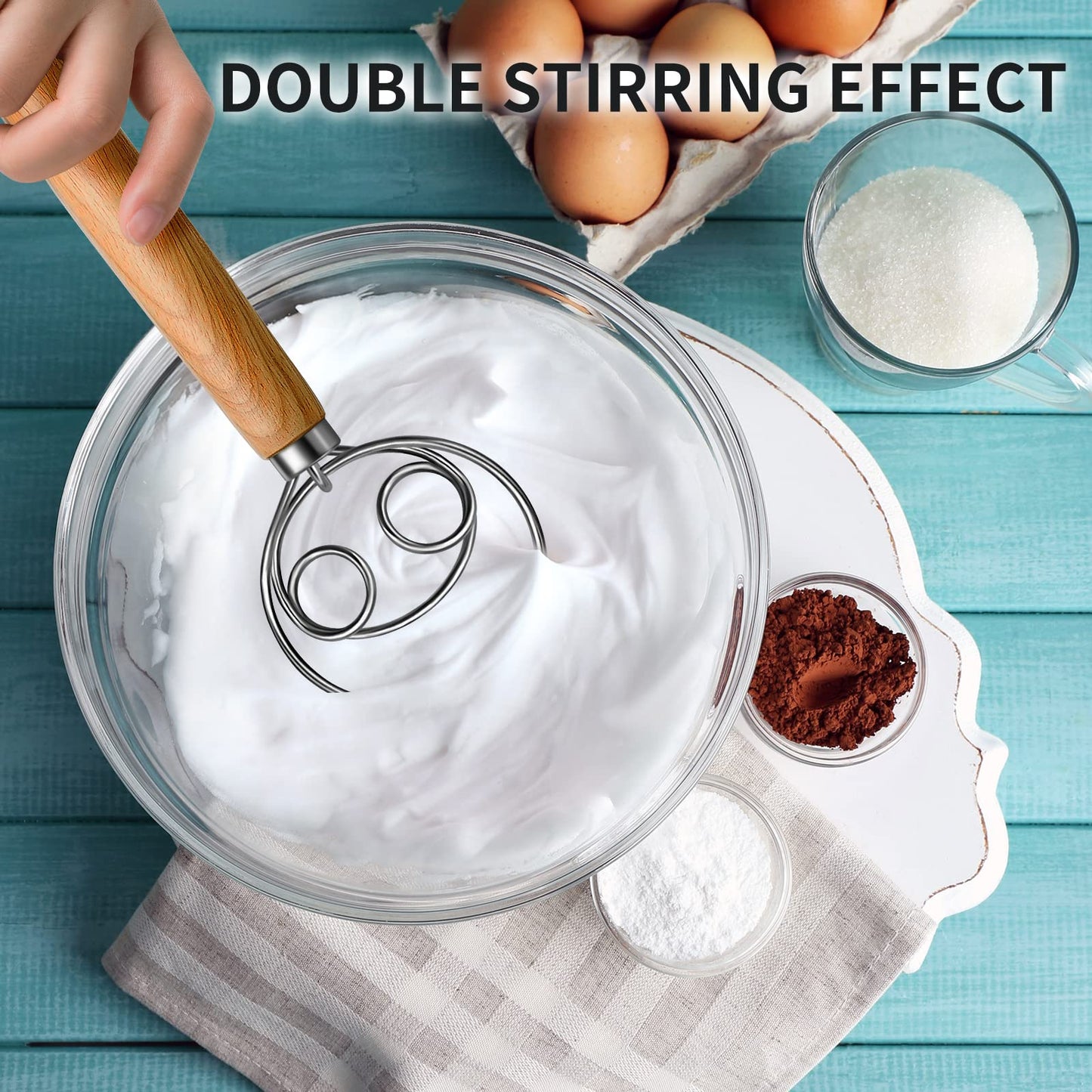 (More Efficient) TeeVea Danish Dough Whisk Stainless Steel Dutch Style Bread Dough Hand Mixer Blender Wooden Handle Kitchen Baking Tools Artisian Blender
