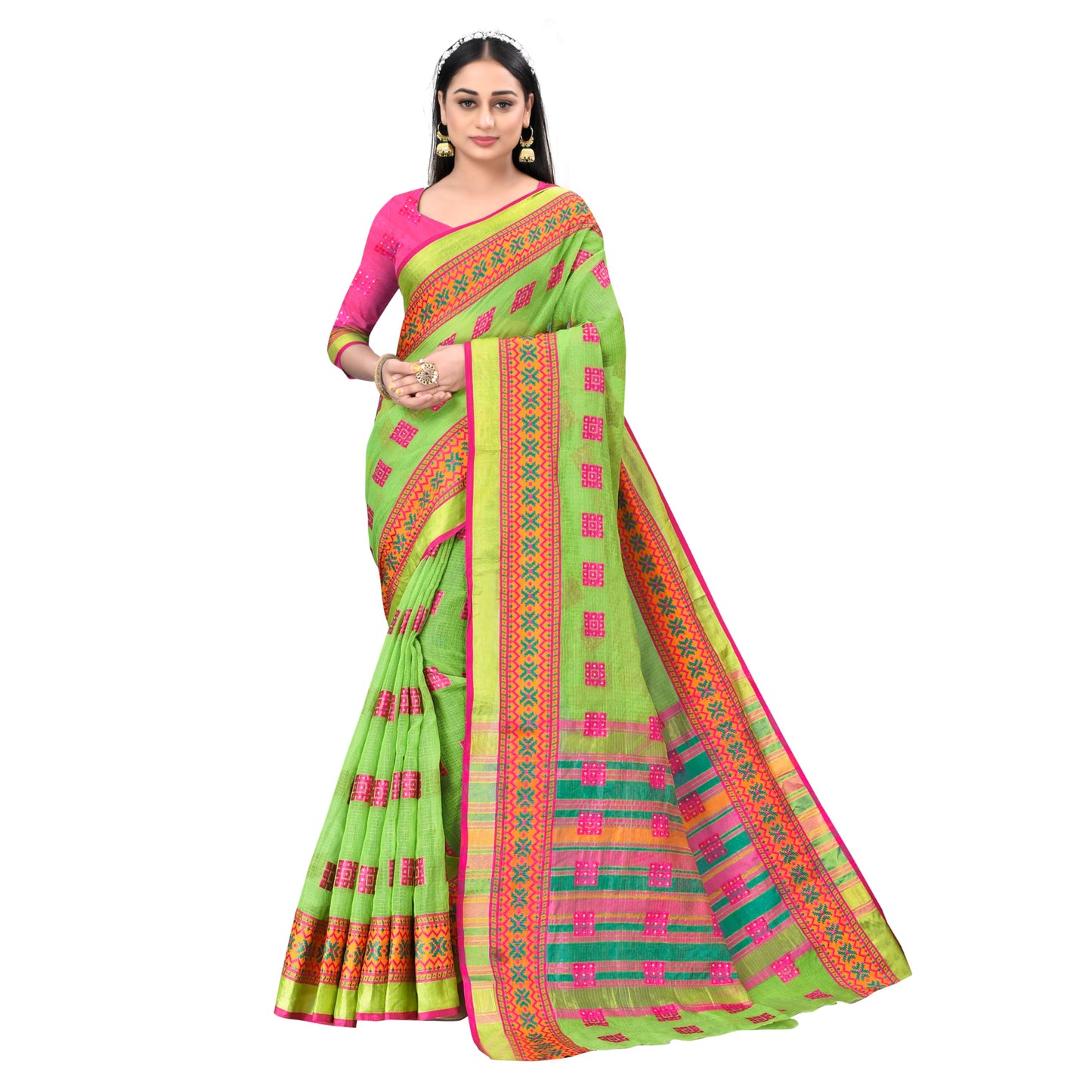 Sidhidata Women's Kota Doria Cotton Manipuri Saree With Unstitched Blouse Piece (Free Size) (Light Green)