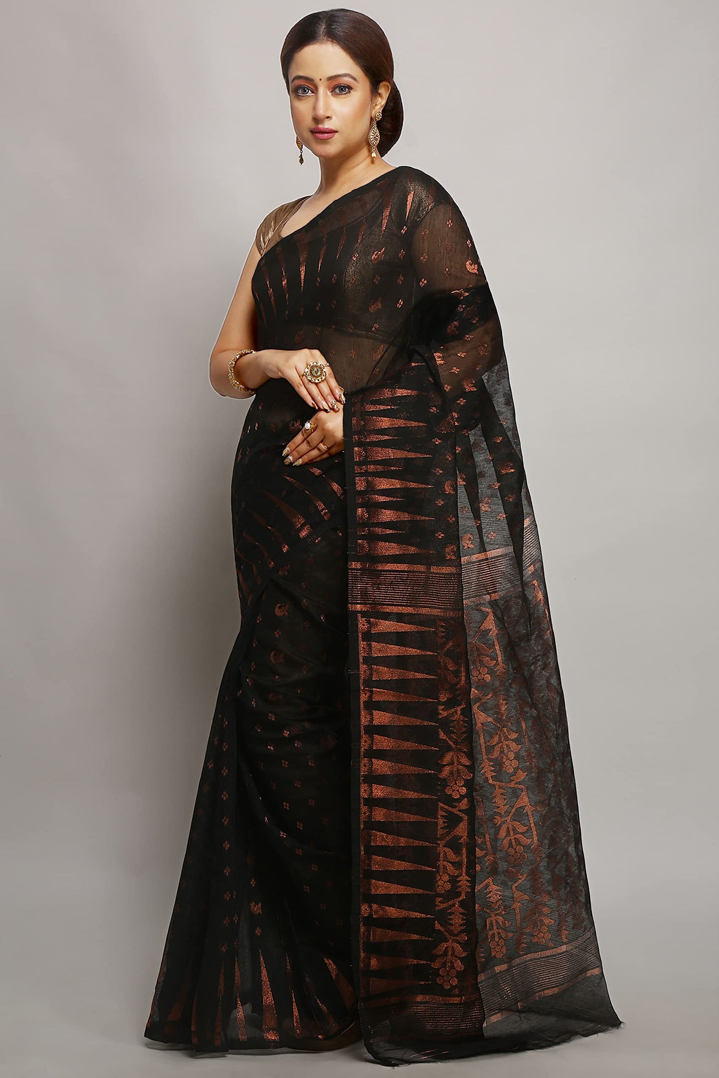 WoodenTant women’s cotton silk dhakai jamdani saree without blouse piece_Black