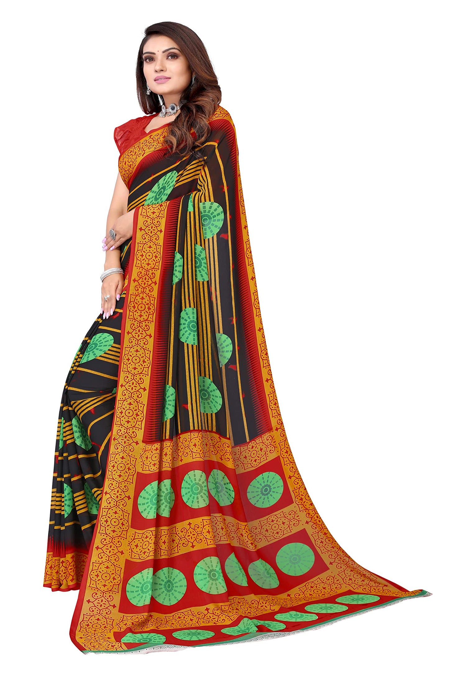 Tarshika Womens Georgette Printed Saree With Blouse Piece(SHIVANI BLACK_Free Size)
