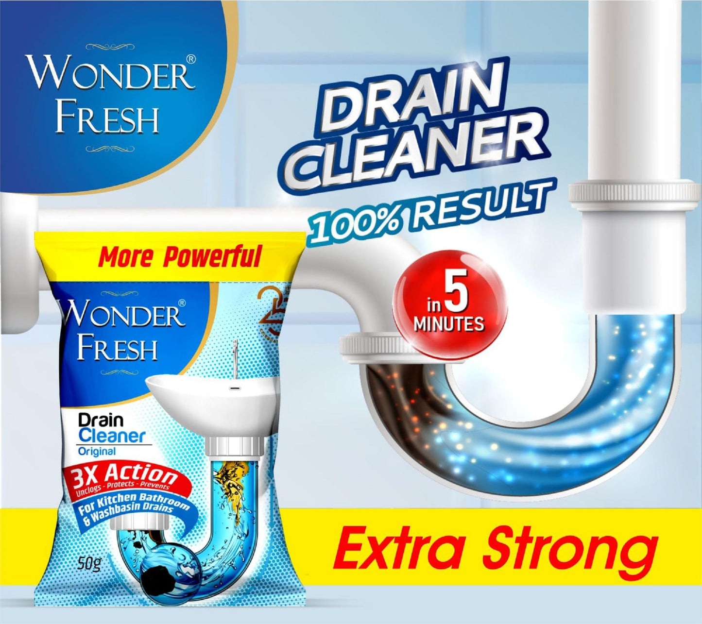 Wonder Fresh Drain Cleaner Powder | Effective Sink Cleaner | Drain Blockage Remover | Wash Basin & Toilet Cleaner | Removes Blockages in Pipes, Sinks & Septic Tanks | 50g (Pack of 20)